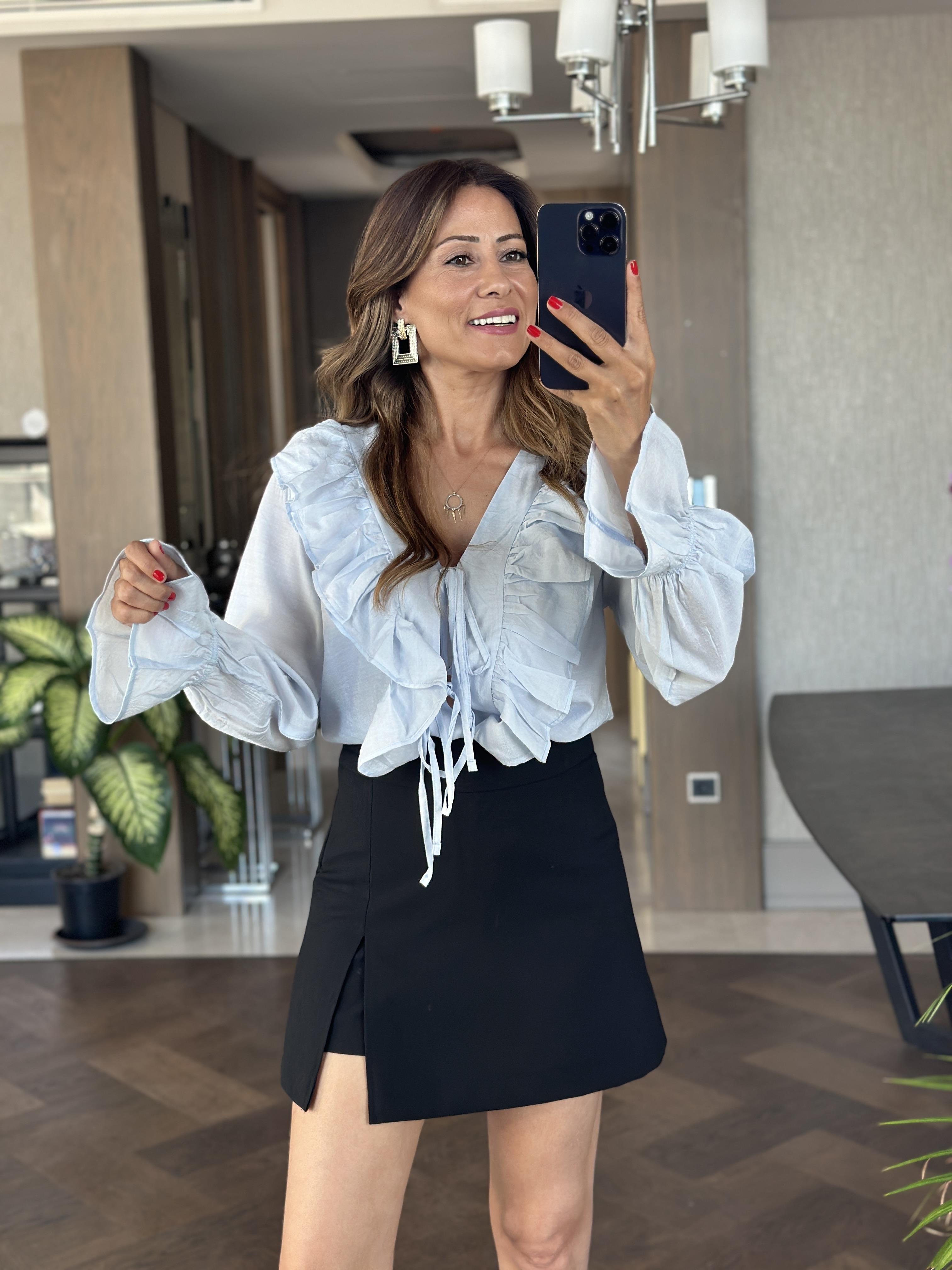 Bebe Mavi Uzun Kol Fırfır Detaylı Bağlamalı Kadın Bluz