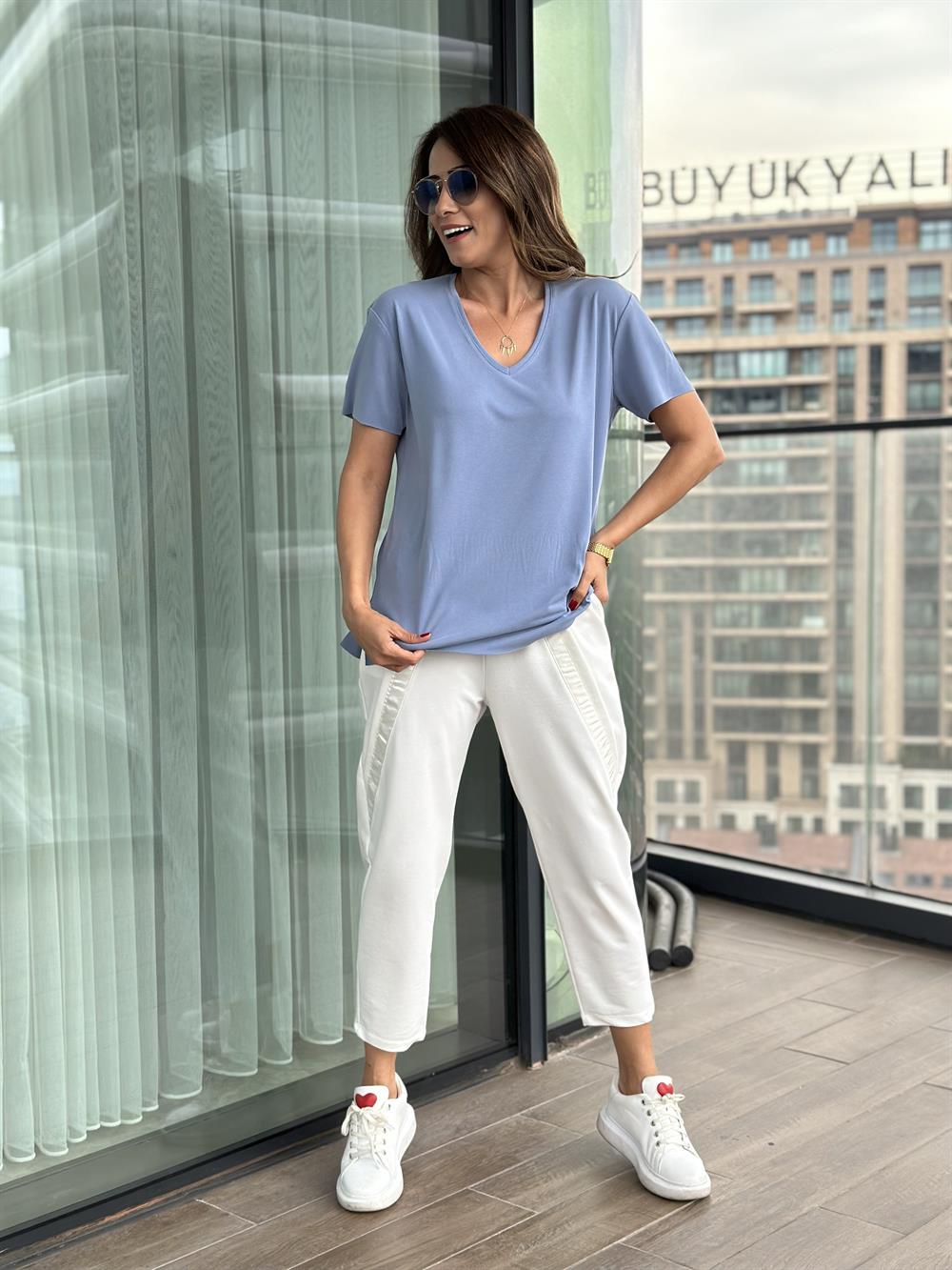 Bebe Mavi V Yaka Yanları Yırtmaçlı Modal Kadın T-Shirt