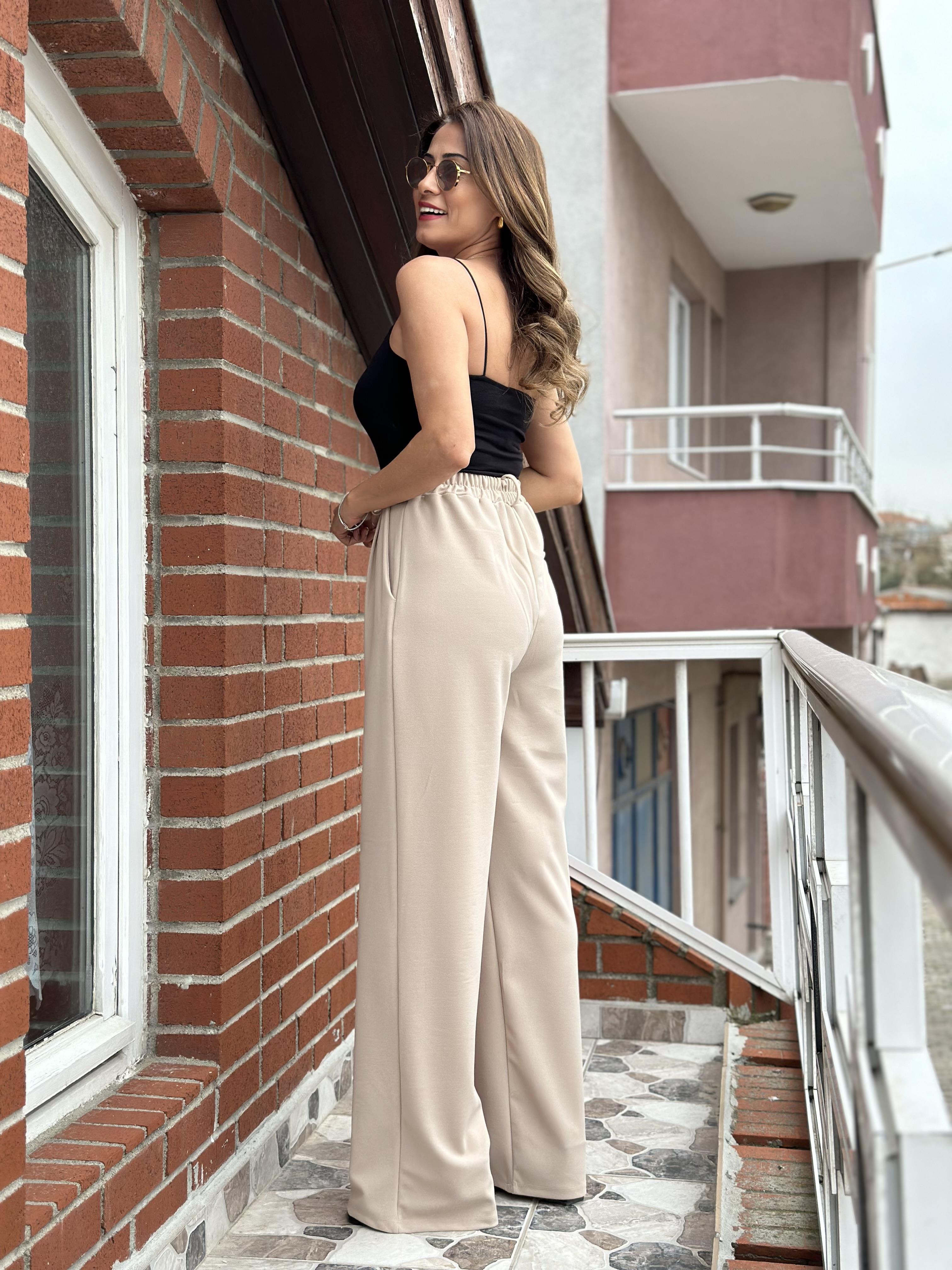 Bej Arka Beli Lastikli Cepli Likralı Krep Palazzo Kadın Pantolon