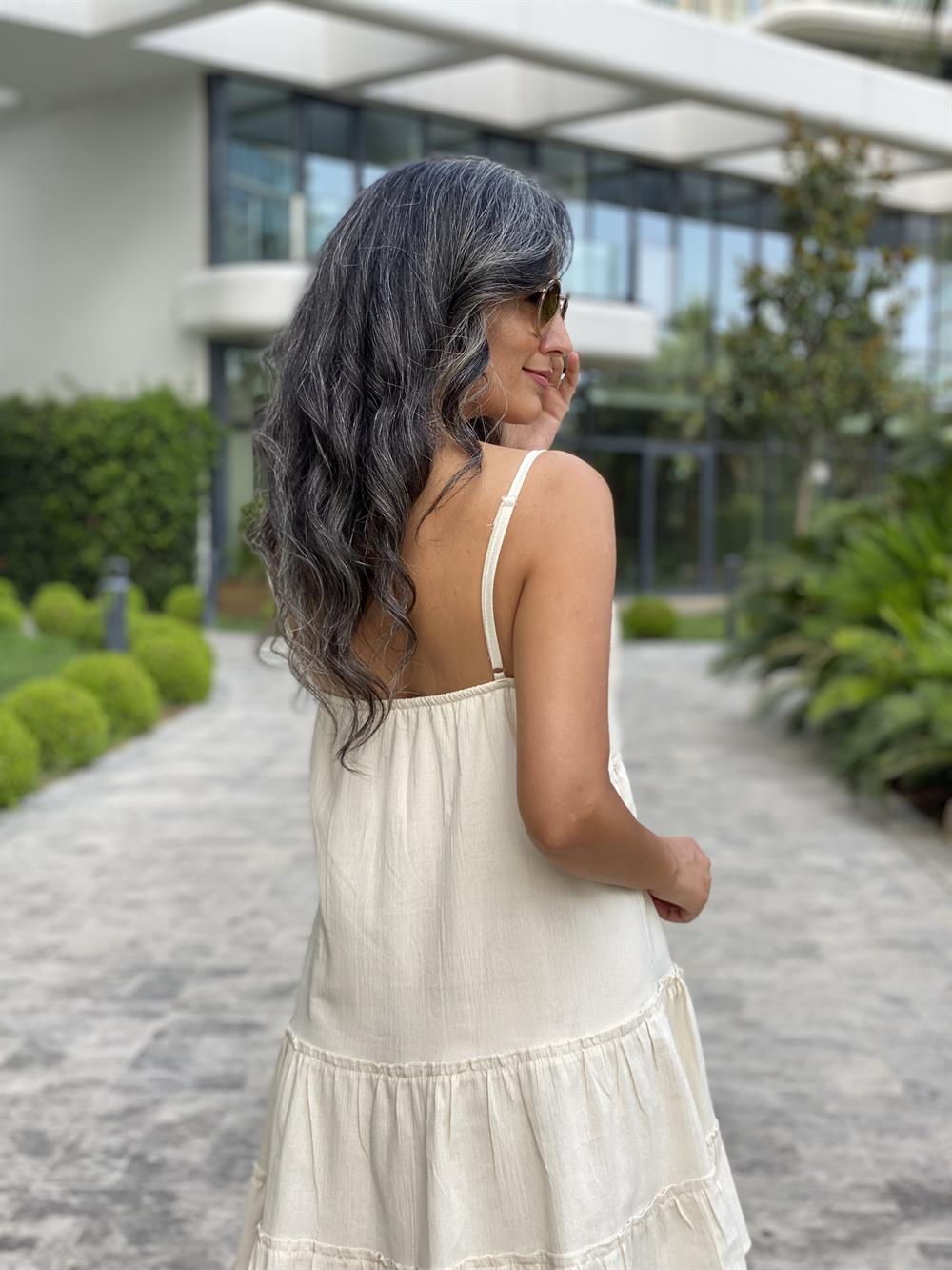 Bej Ayarlanabilir Askılı Önü Triko Detay Kadın Elbise