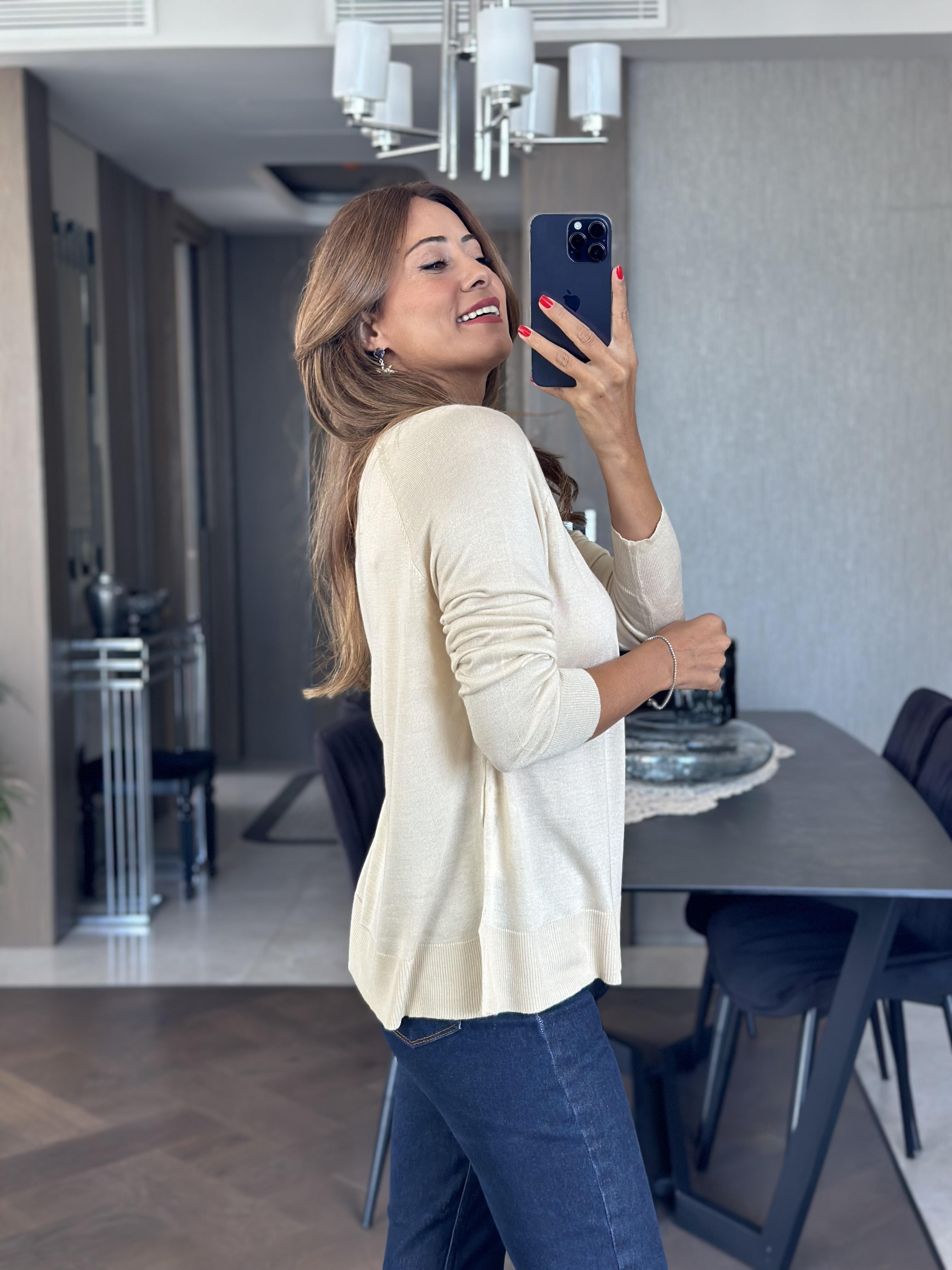 Bej Bisiklet Yaka Uzun Kol Dlvn Düz Merserize Kadın Bluz