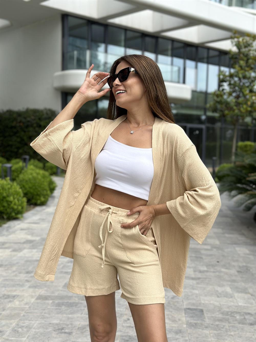 Bej Bürümcük Kimono Şortlu Kadın Alt Üst Takım