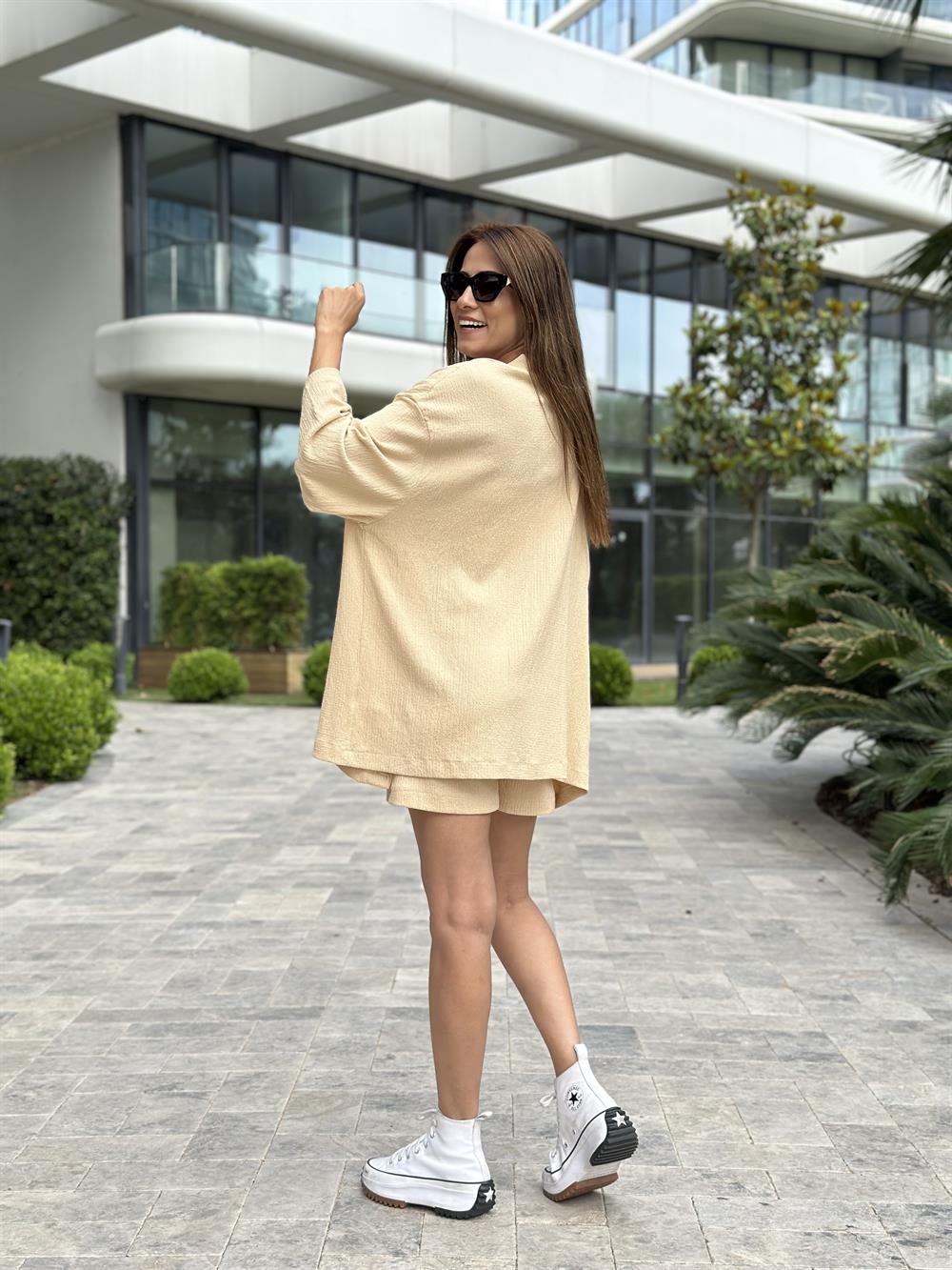 Bej Bürümcük Kimono Şortlu Kadın Alt Üst Takım