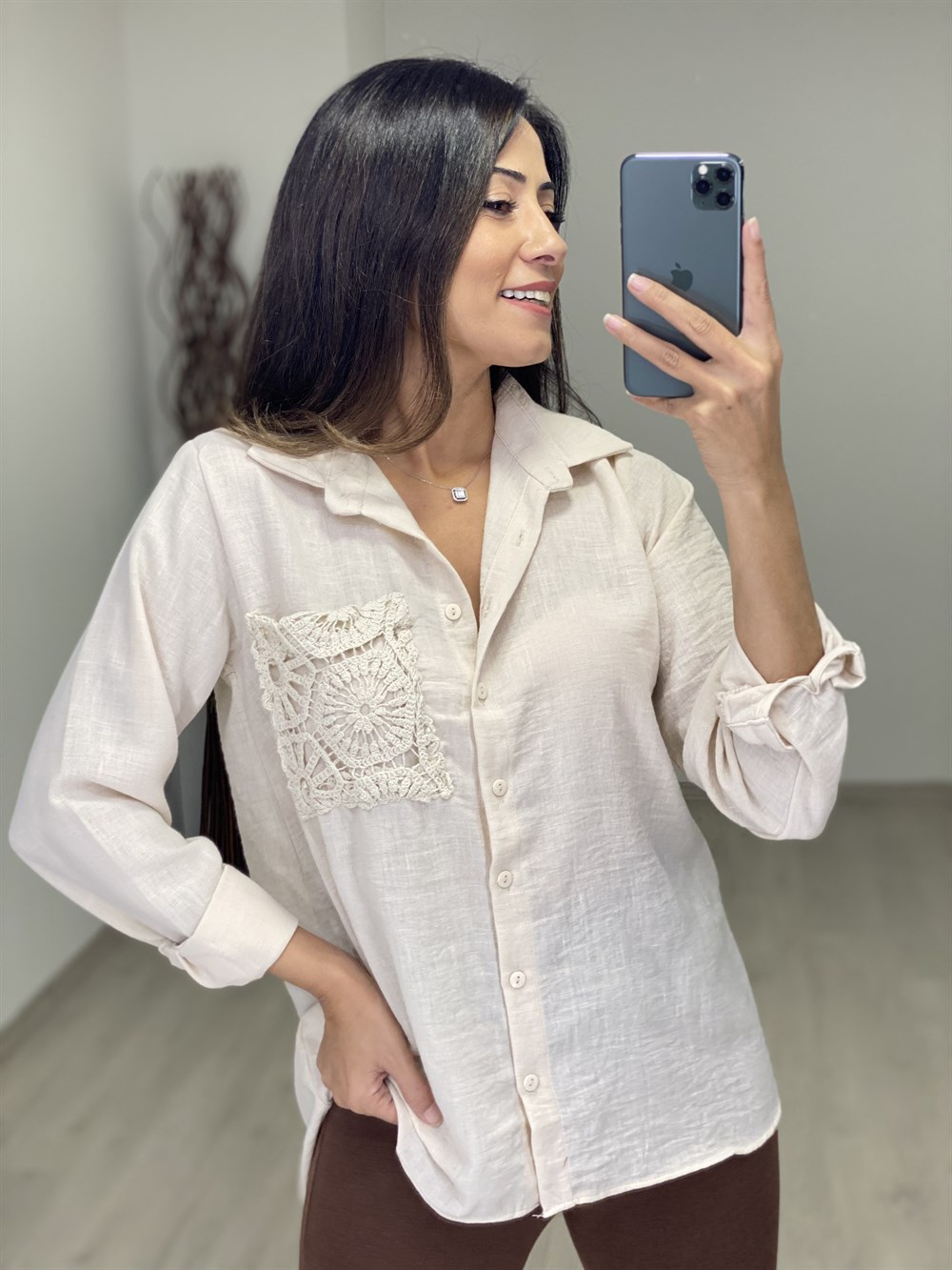 Bej Cebi Örgü Detay Krinkıl Kadın Gömlek