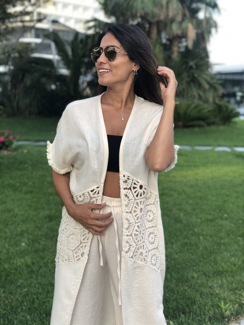 Krem Dantel Detay Pantolonlu Kadın Kimono Takım