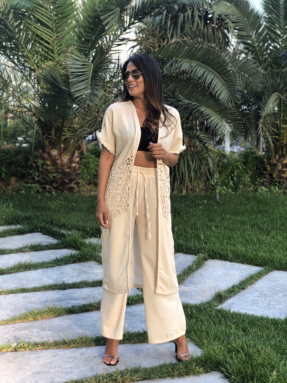 Krem Dantel Detay Pantolonlu Kadın Kimono Takım