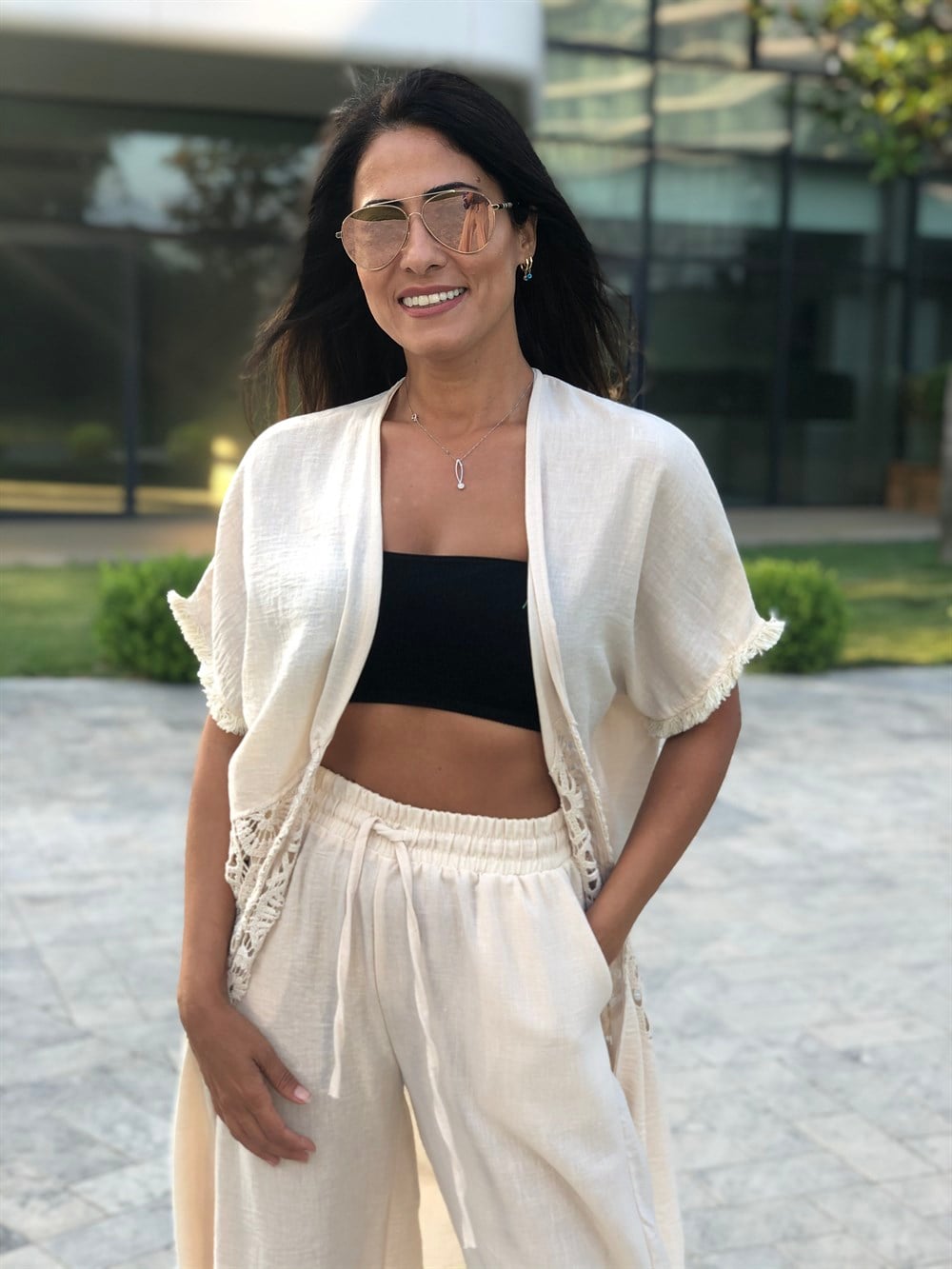 Krem Dantel Detay Pantolonlu Kadın Kimono Takım