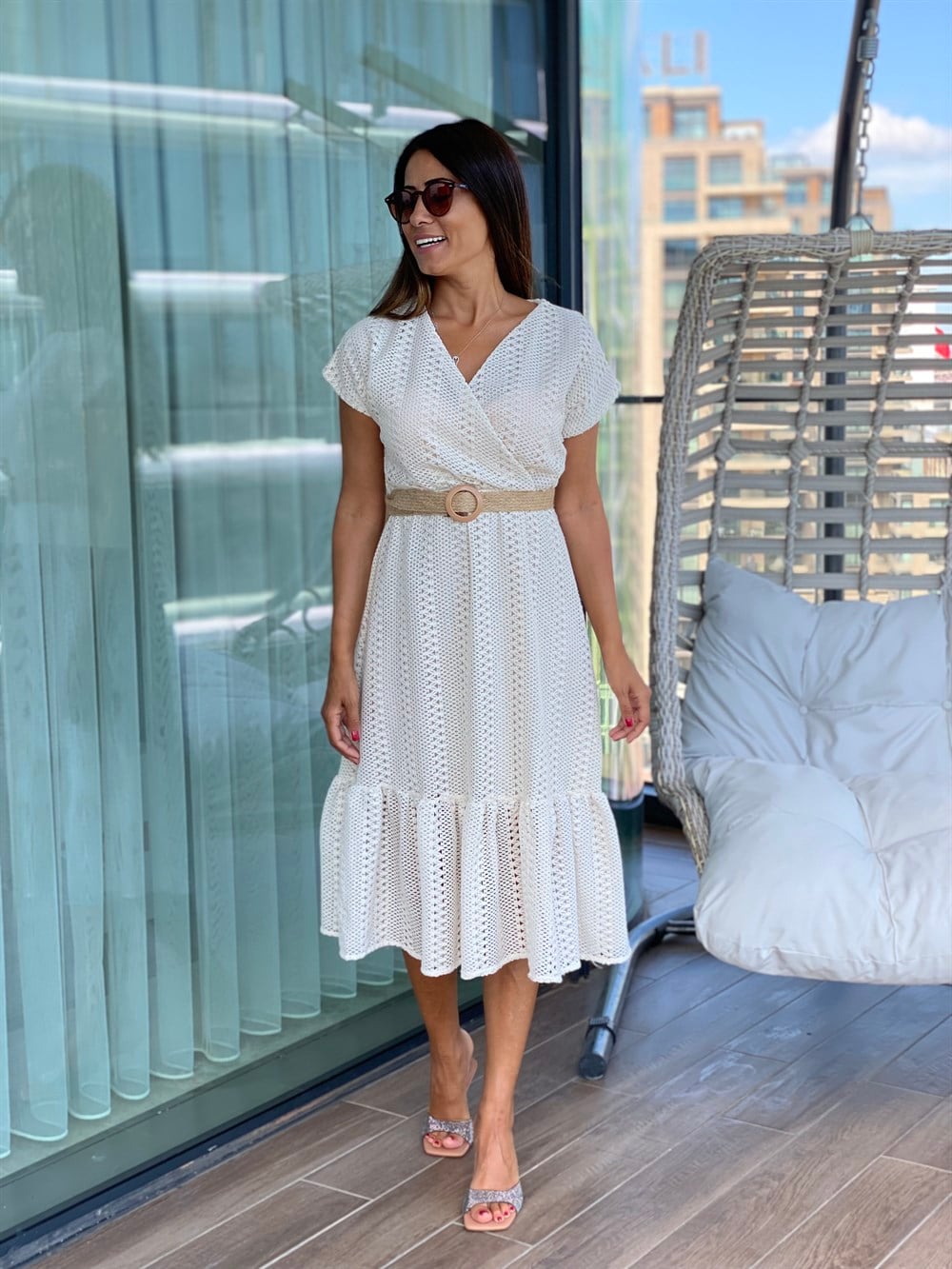 Bej Hasır Kemerli Dantel Kadın Elbise