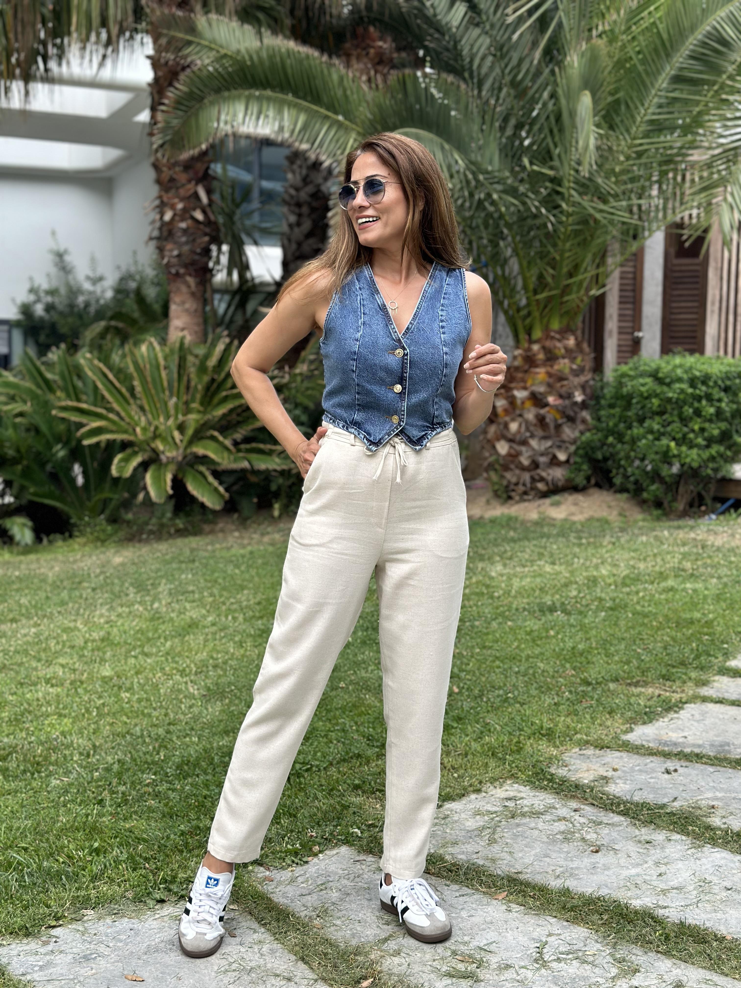 Bej Jogger Beli Bağcıklı Keten Kadın Pantolon