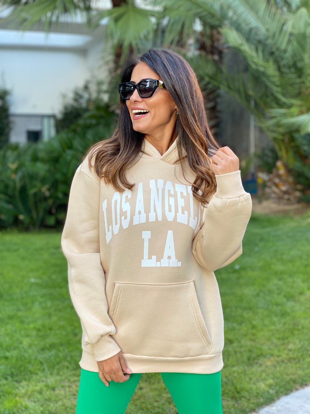 Bej Kapüşonlu Los Angeles Baskılı Kadın Sweatshirt