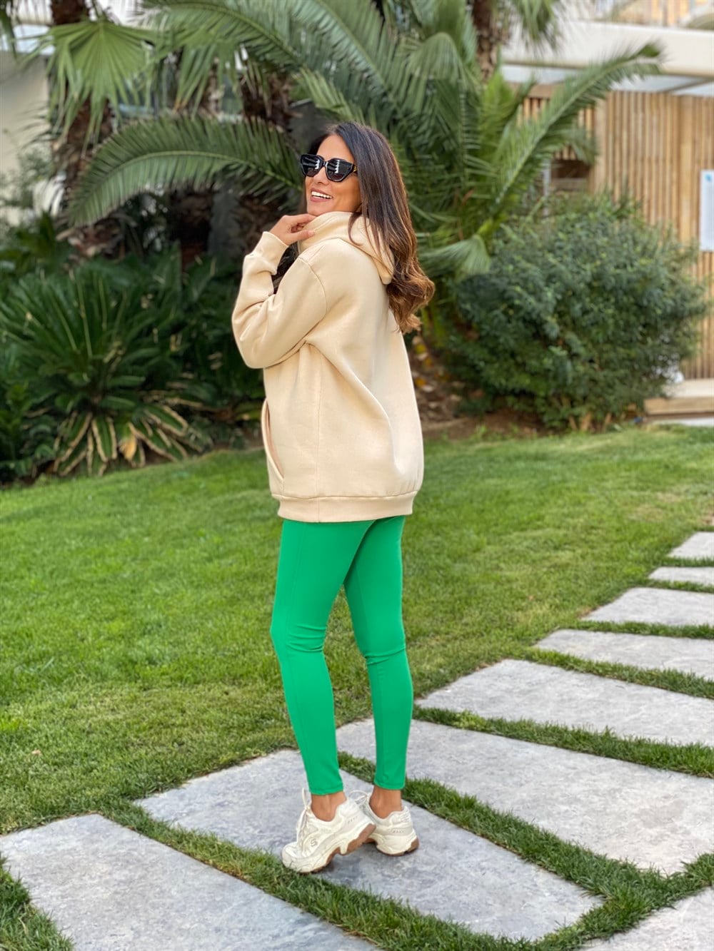 Bej Kapüşonlu Los Angeles Baskılı Kadın Sweatshirt