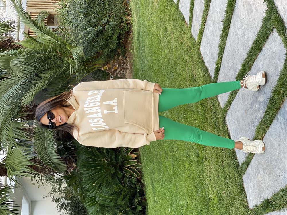 Bej Kapüşonlu Los Angeles Baskılı Kadın Sweatshirt