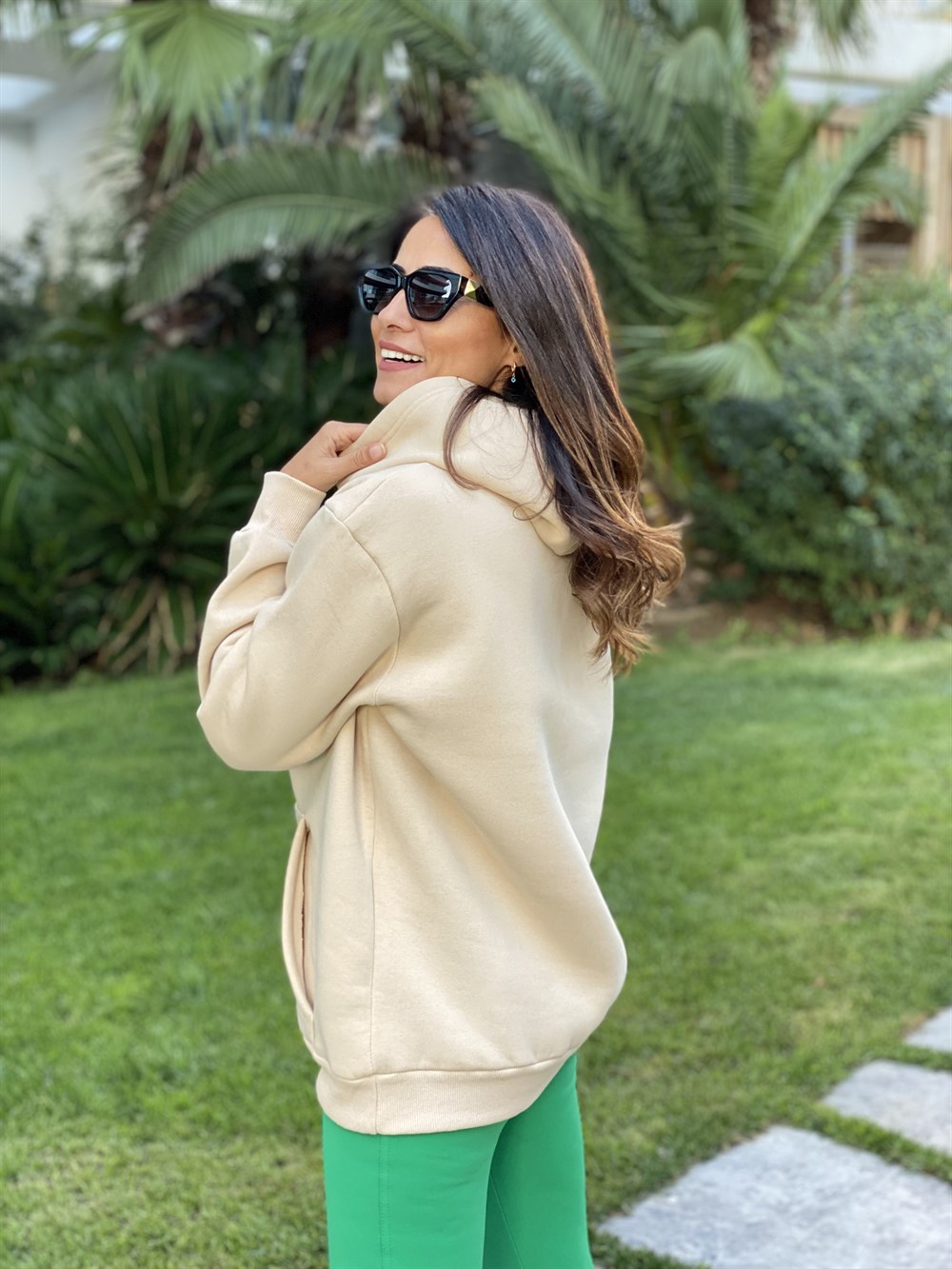 Bej Kapüşonlu Los Angeles Baskılı Kadın Sweatshirt