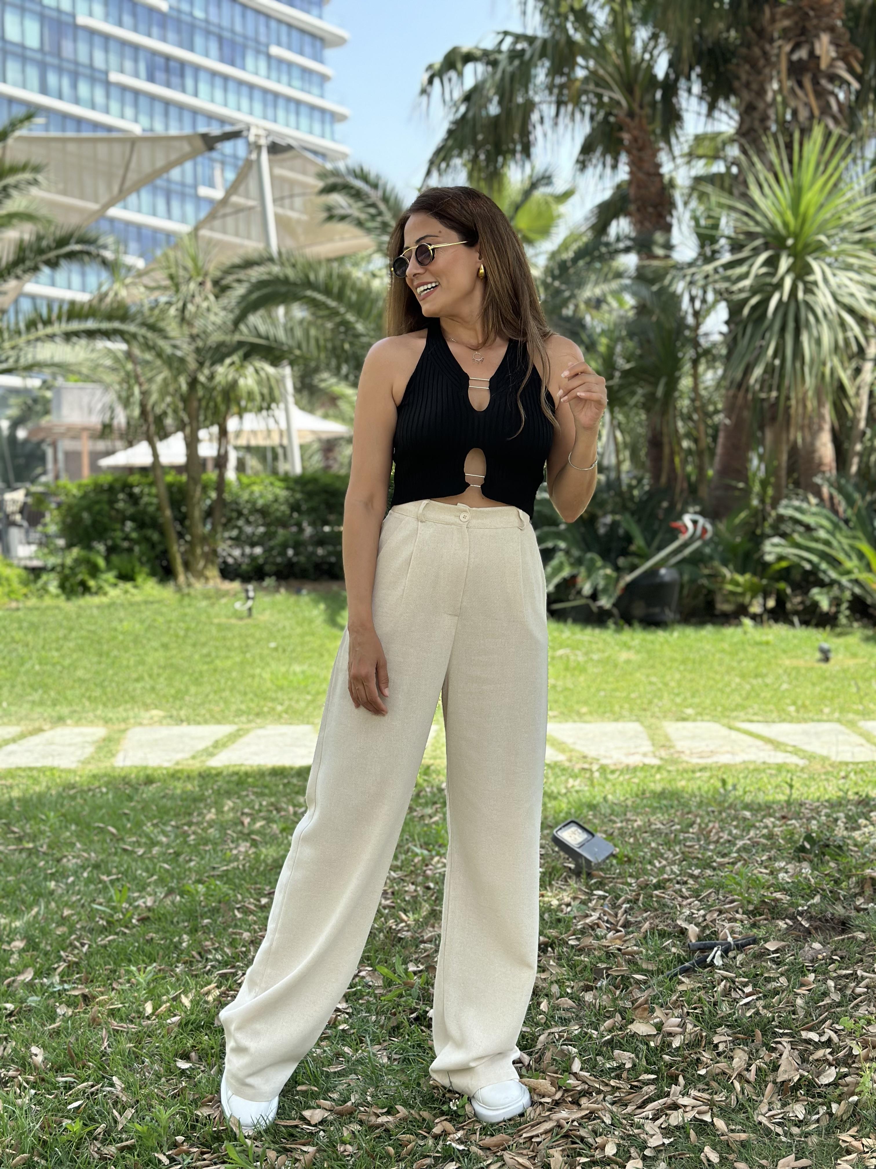 Bej Keten Palazzo Kadın Pantolon