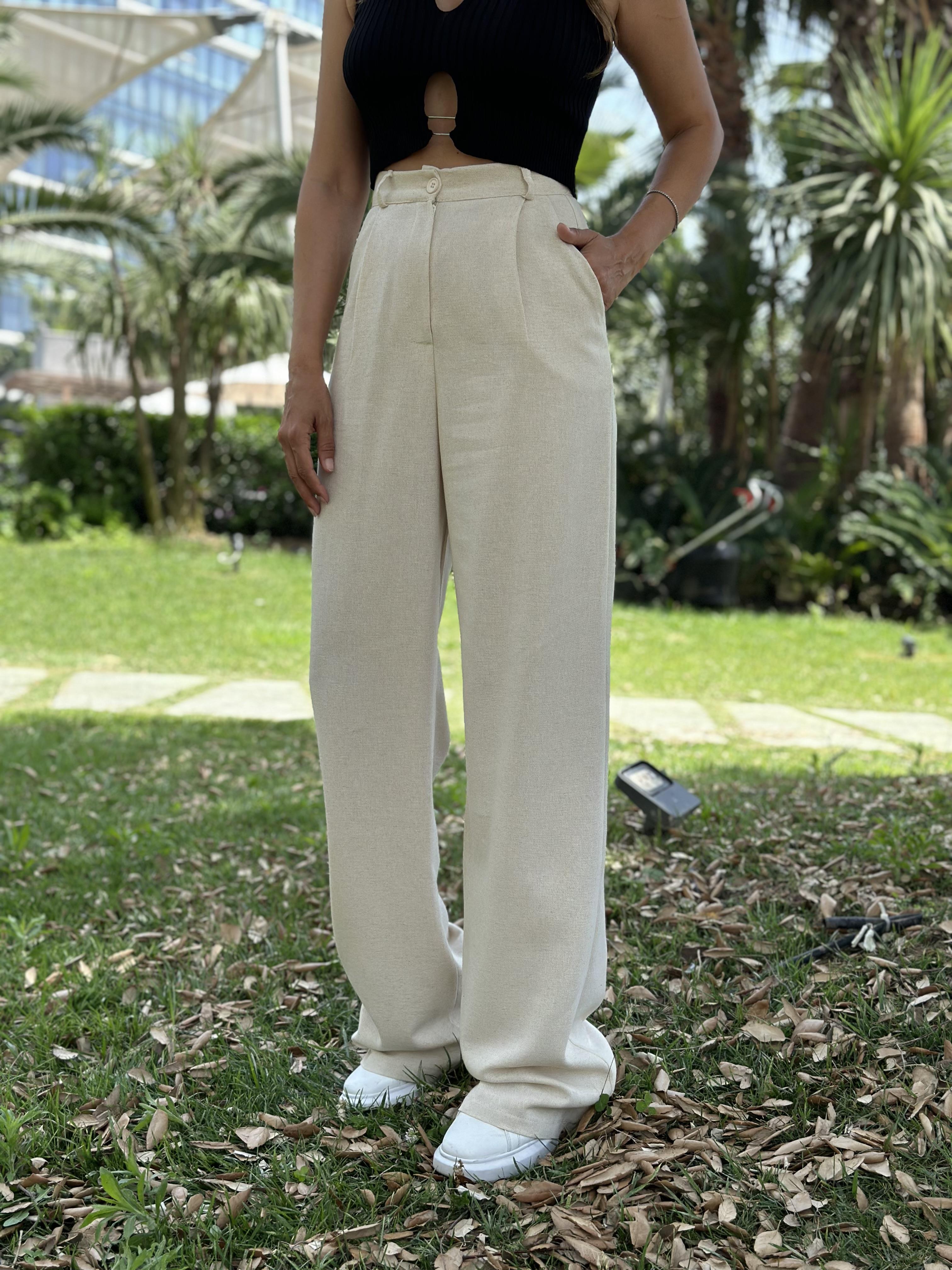 Bej Keten Palazzo Kadın Pantolon