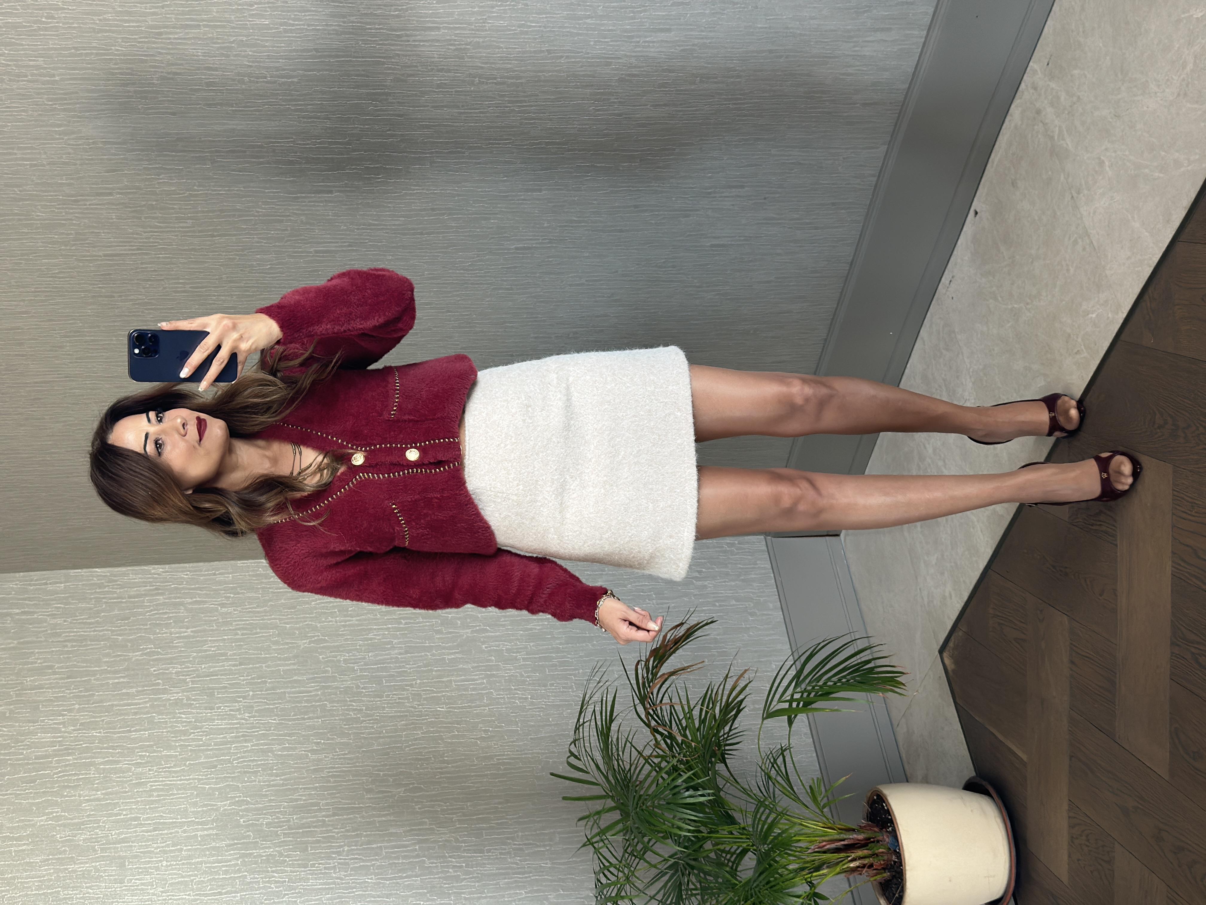 Bej Kırçıllı Kaşe Arkası Fermuarlı Astarlı Kadın Mini Etek