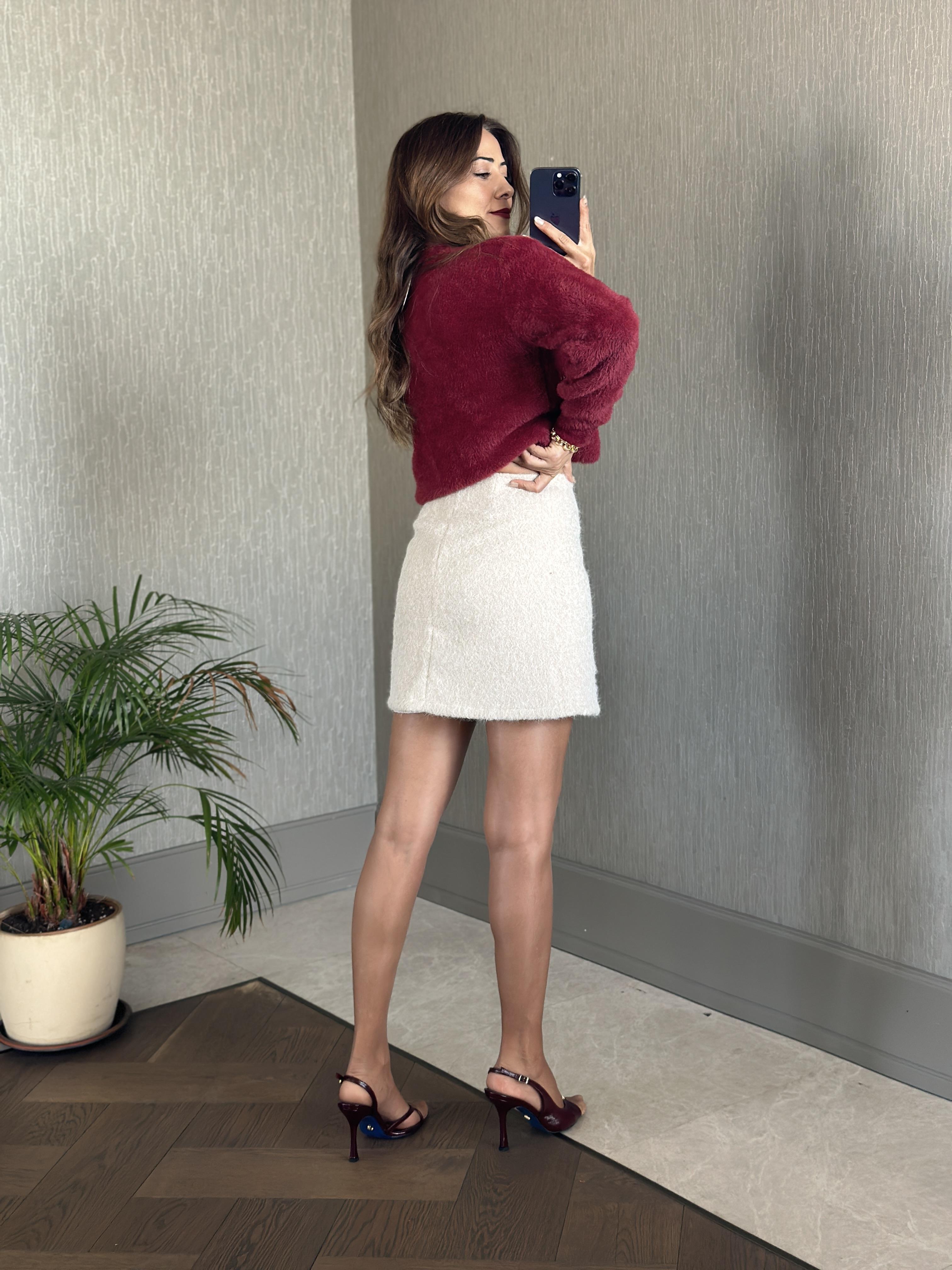 Bej Kırçıllı Kaşe Arkası Fermuarlı Astarlı Kadın Mini Etek