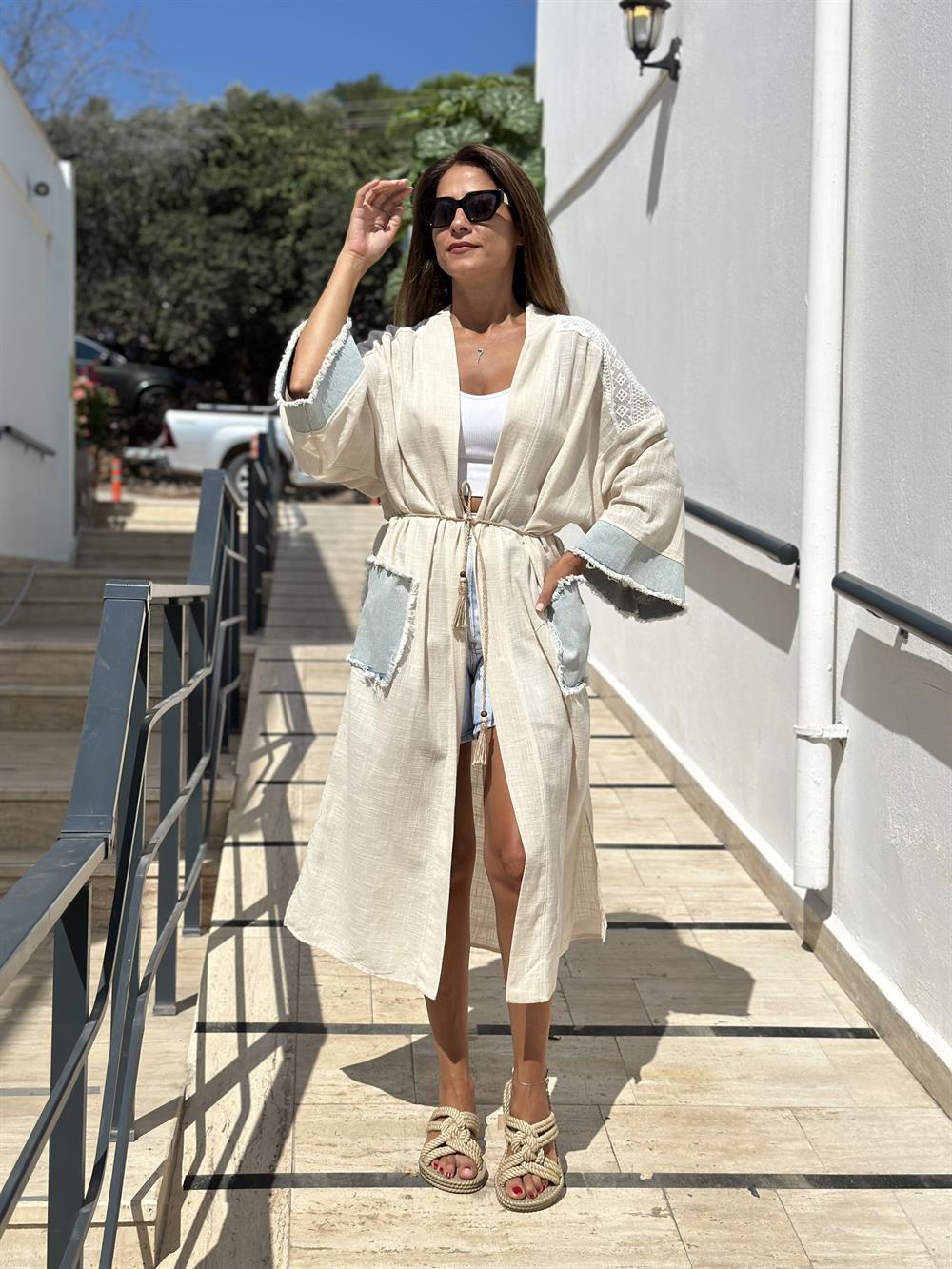 Bej Kot Garnili Brodeli Keten Kadın Kimono