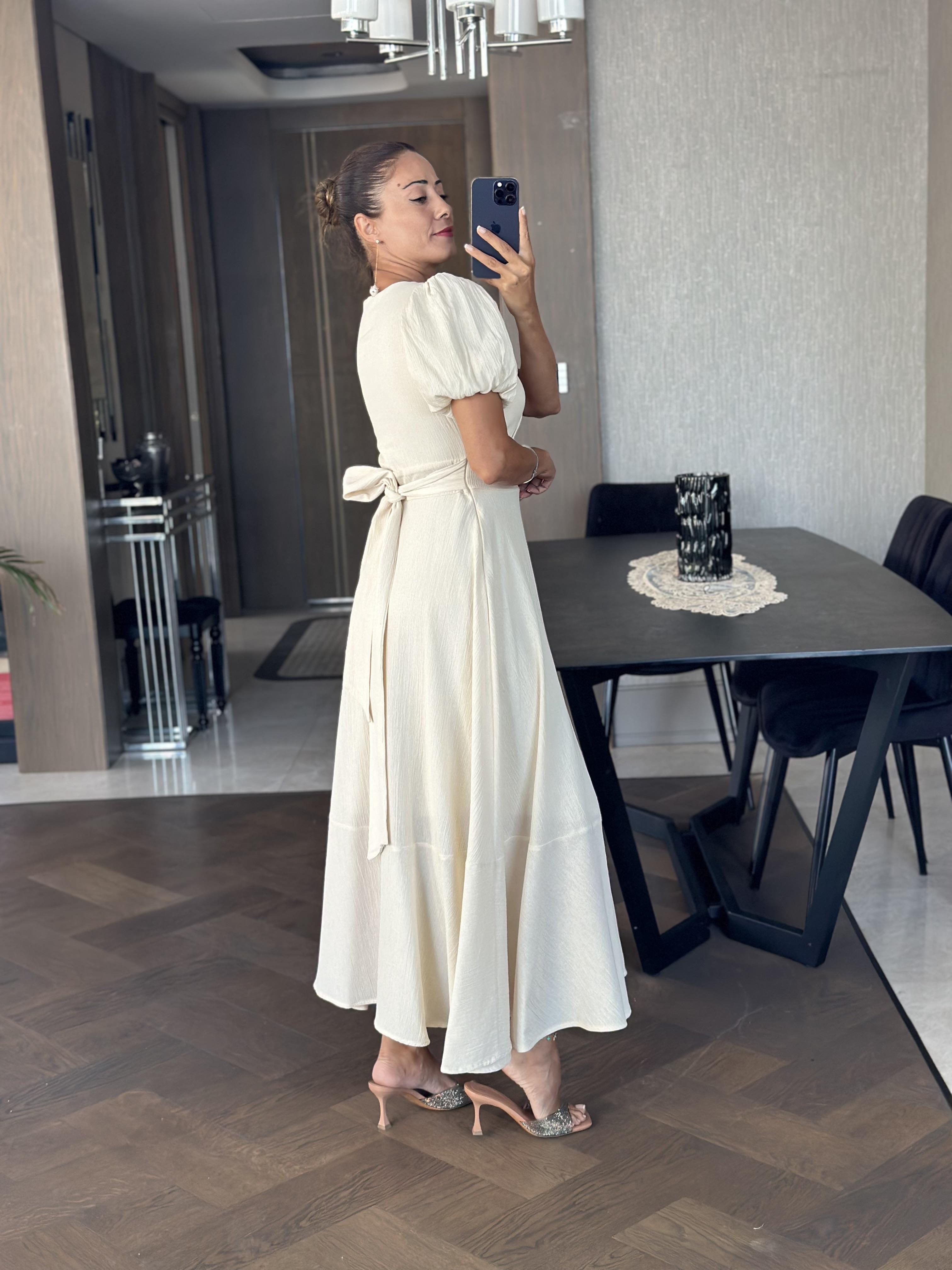 Bej Kruvaze Yaka Kuşaklı Kol Uçları Lastikli Midi Boy Kadın Elbise