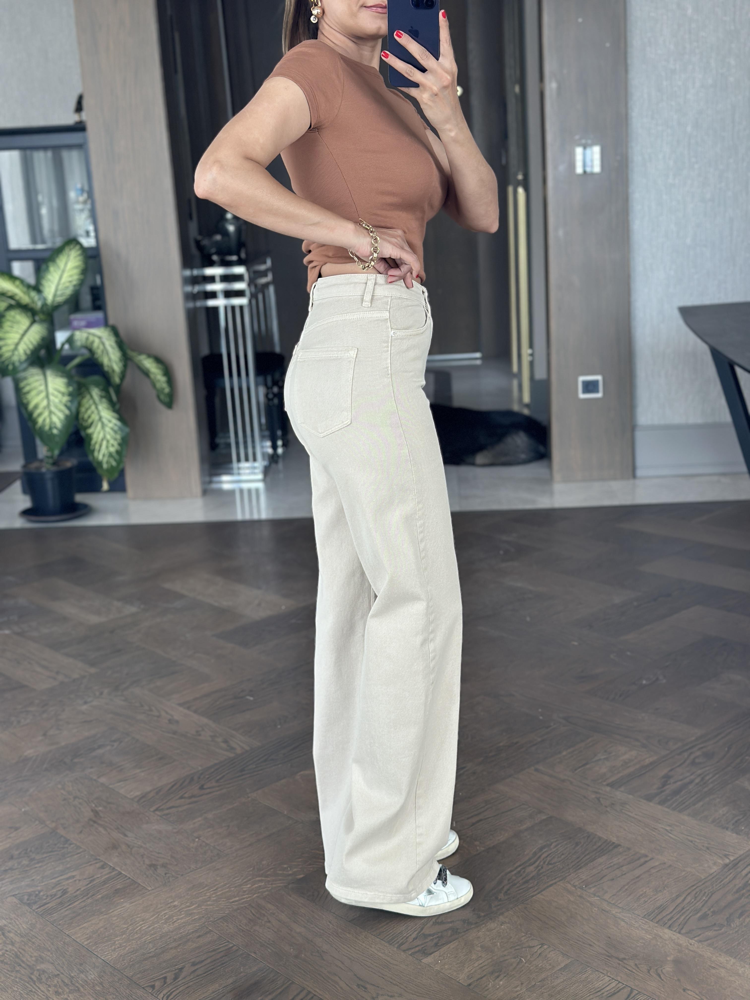 Bej Lacarino Wide Leg Kadın Jean Pantolon