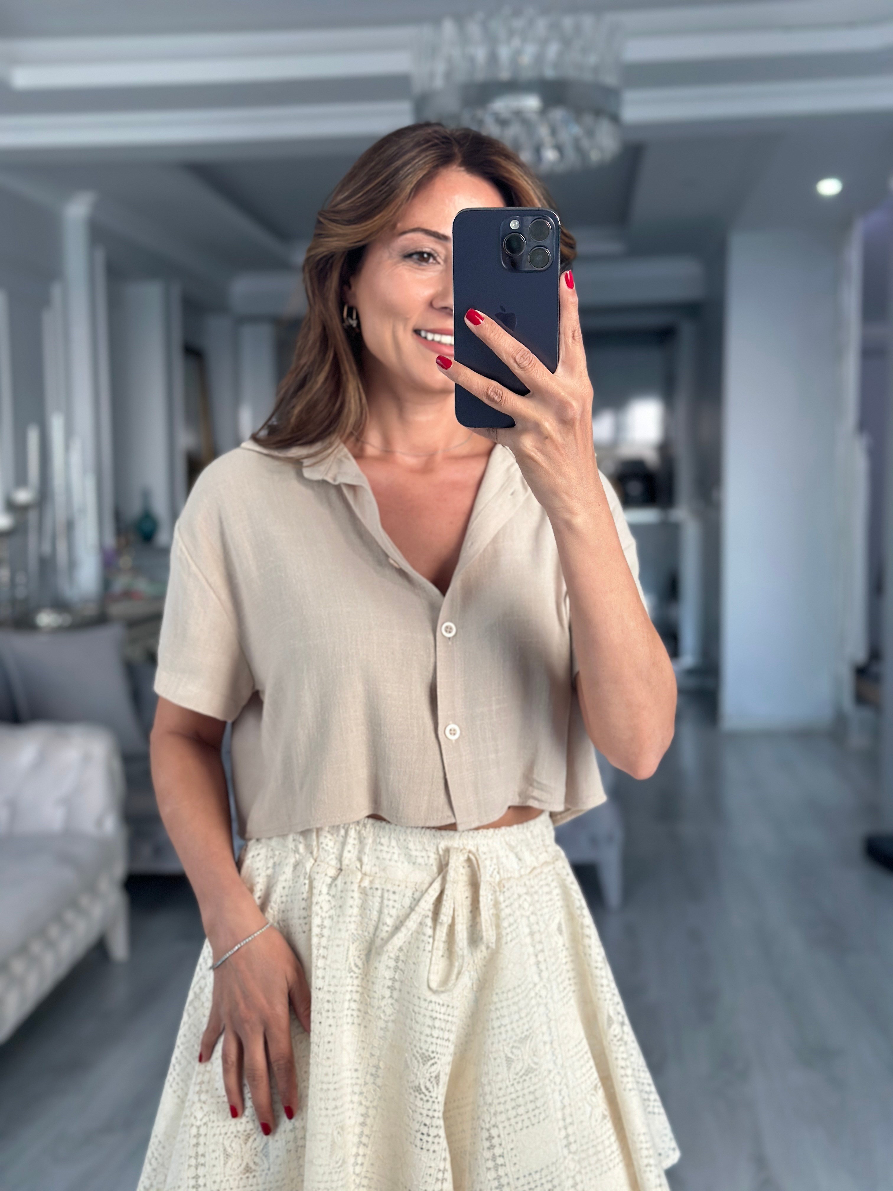 Bej Mass Model Keten Kadın Crop Gömlek