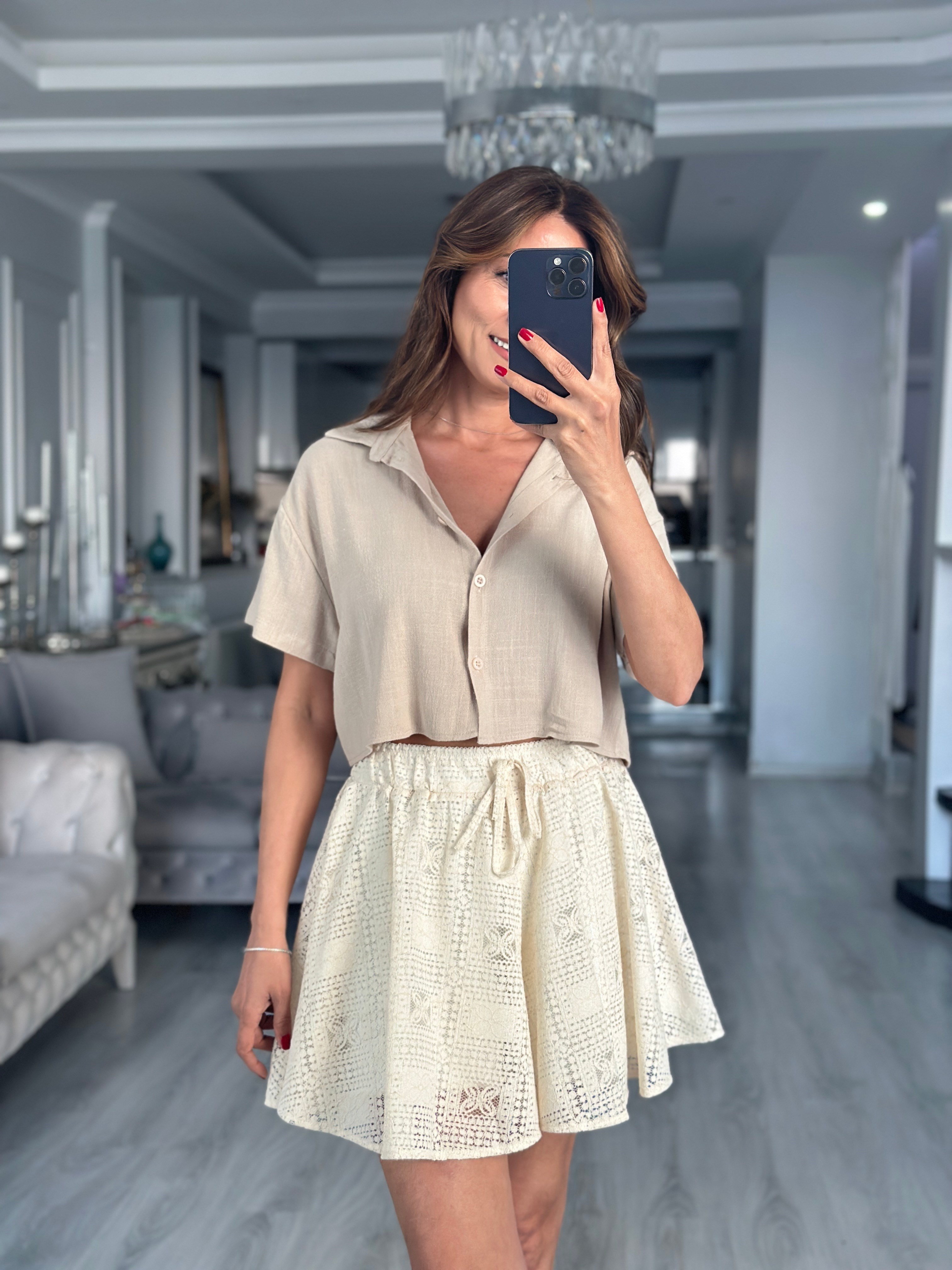 Bej Mass Model Keten Kadın Crop Gömlek