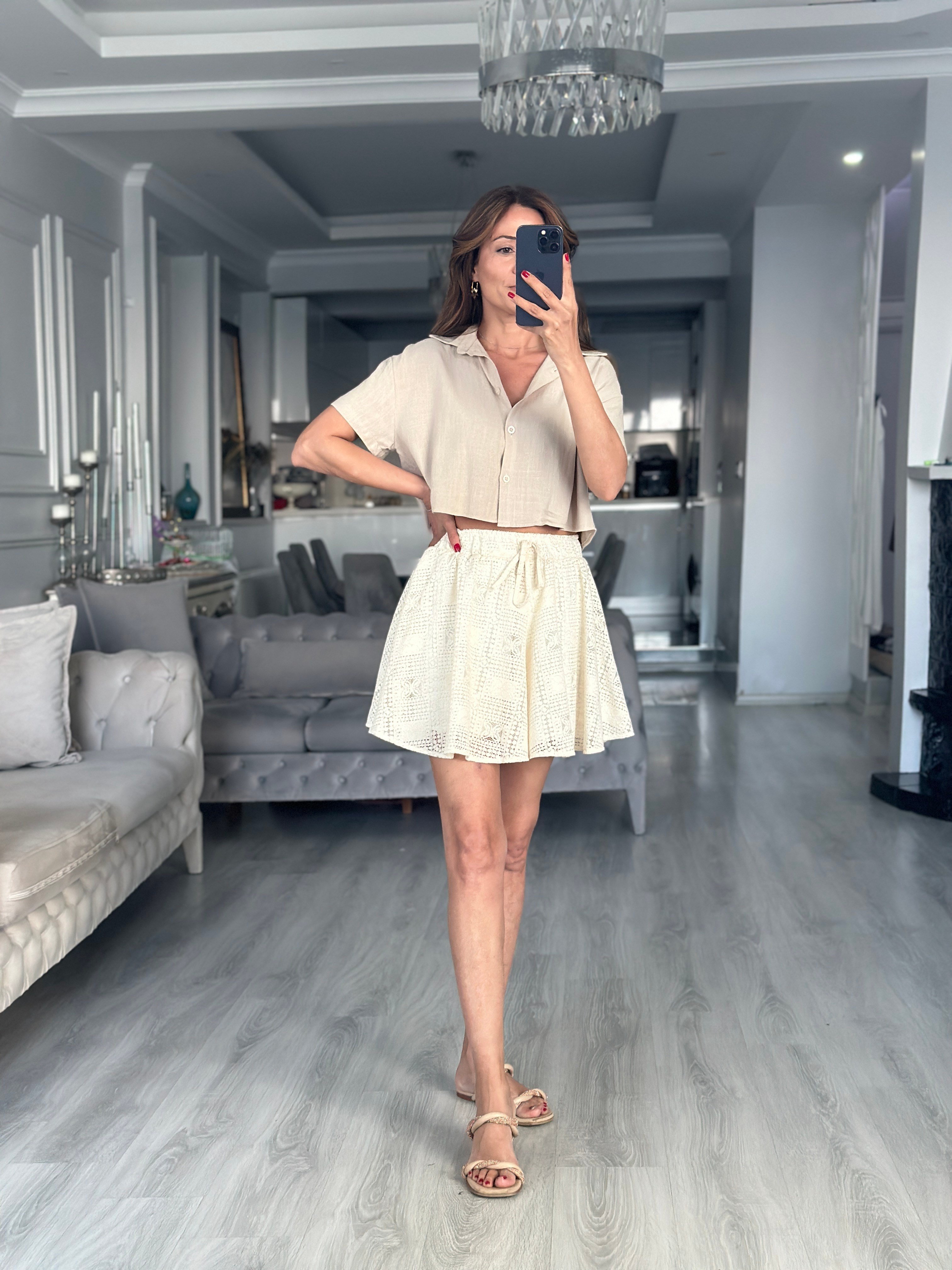 Bej Mass Model Keten Kadın Crop Gömlek