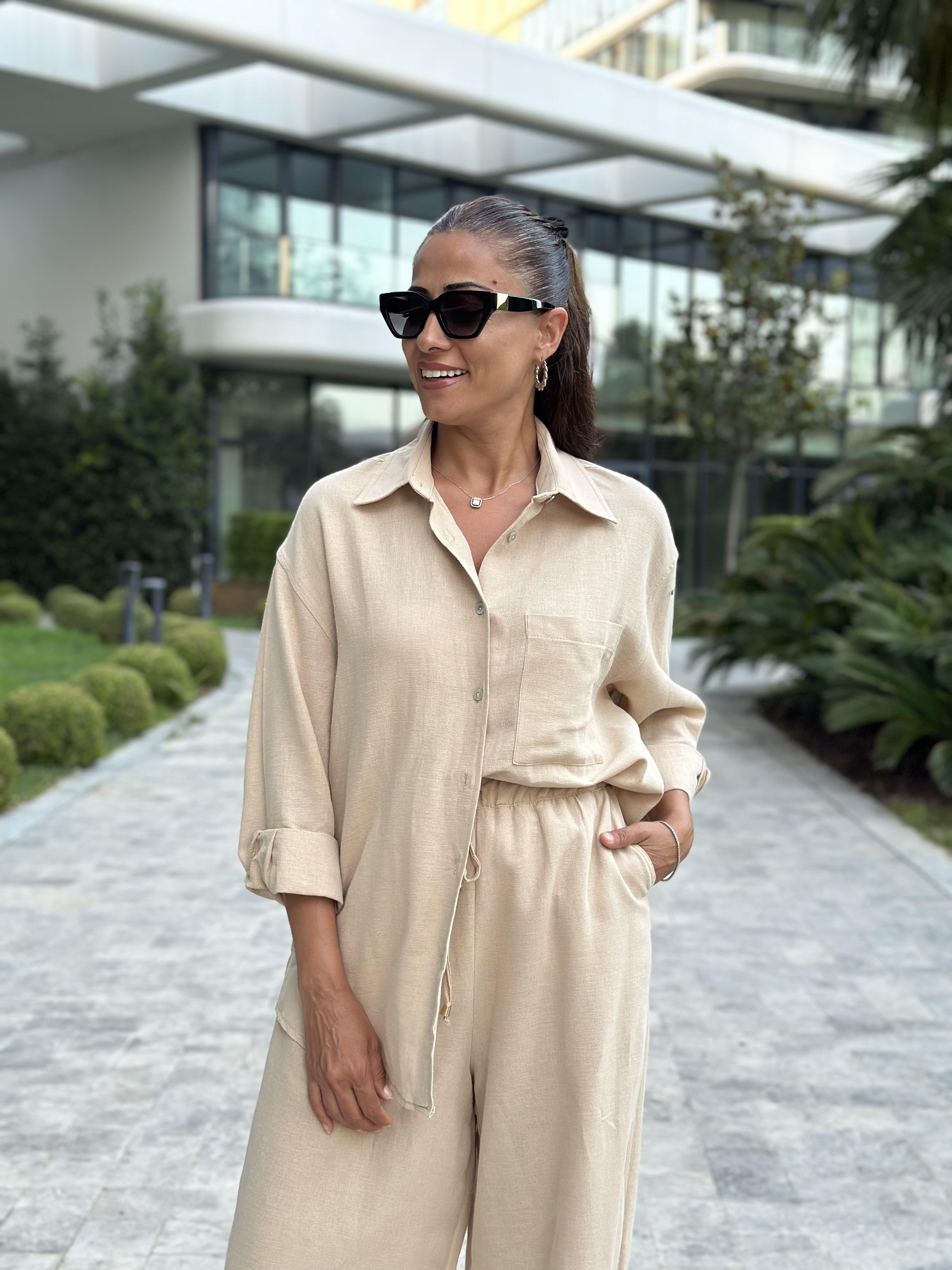 Bej Gömlek Palazzo Pantolon Keten Kadın Alt Üst Takım