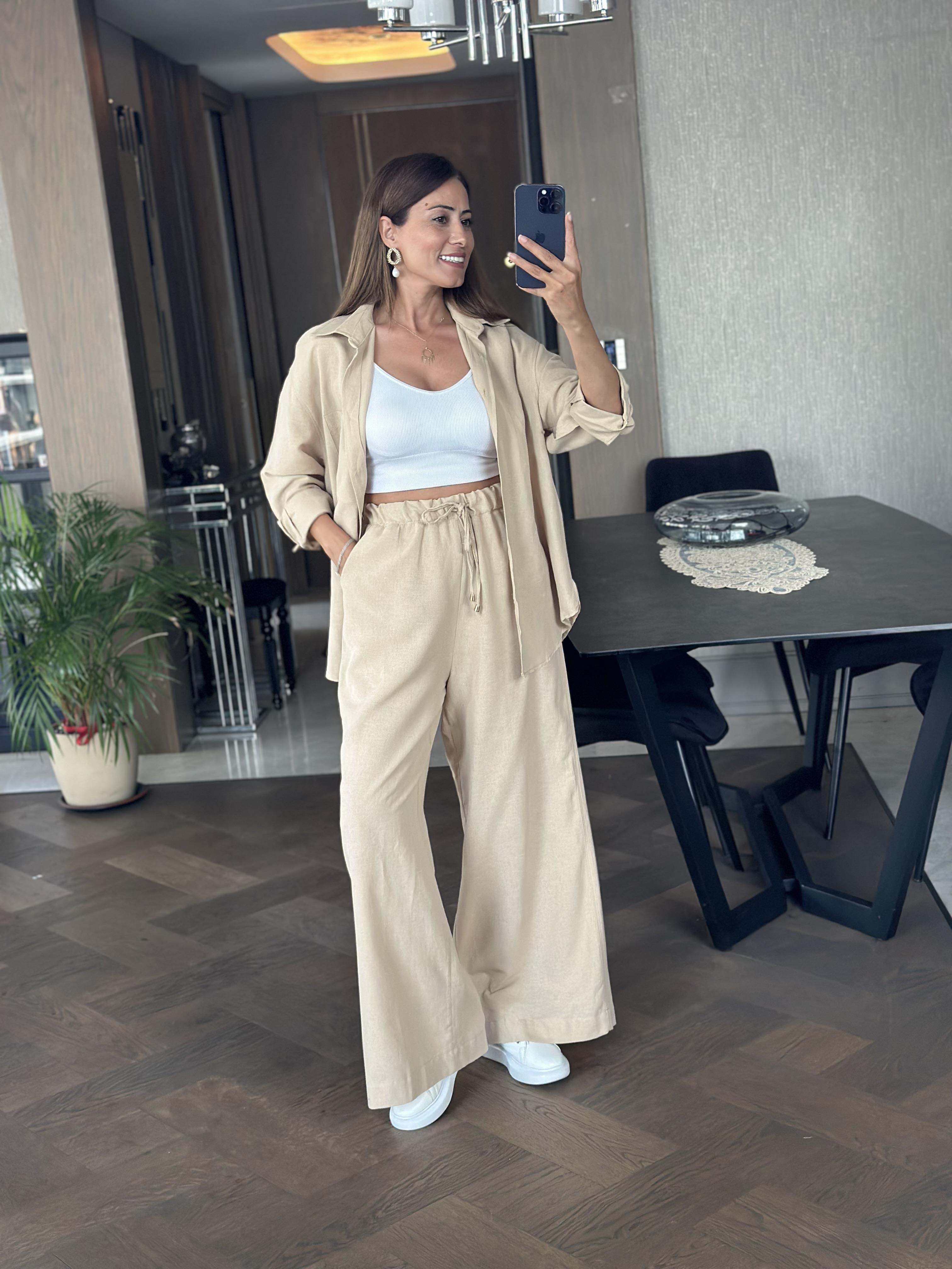 Bej Gömlek Palazzo Pantolon Keten Kadın Alt Üst Takım