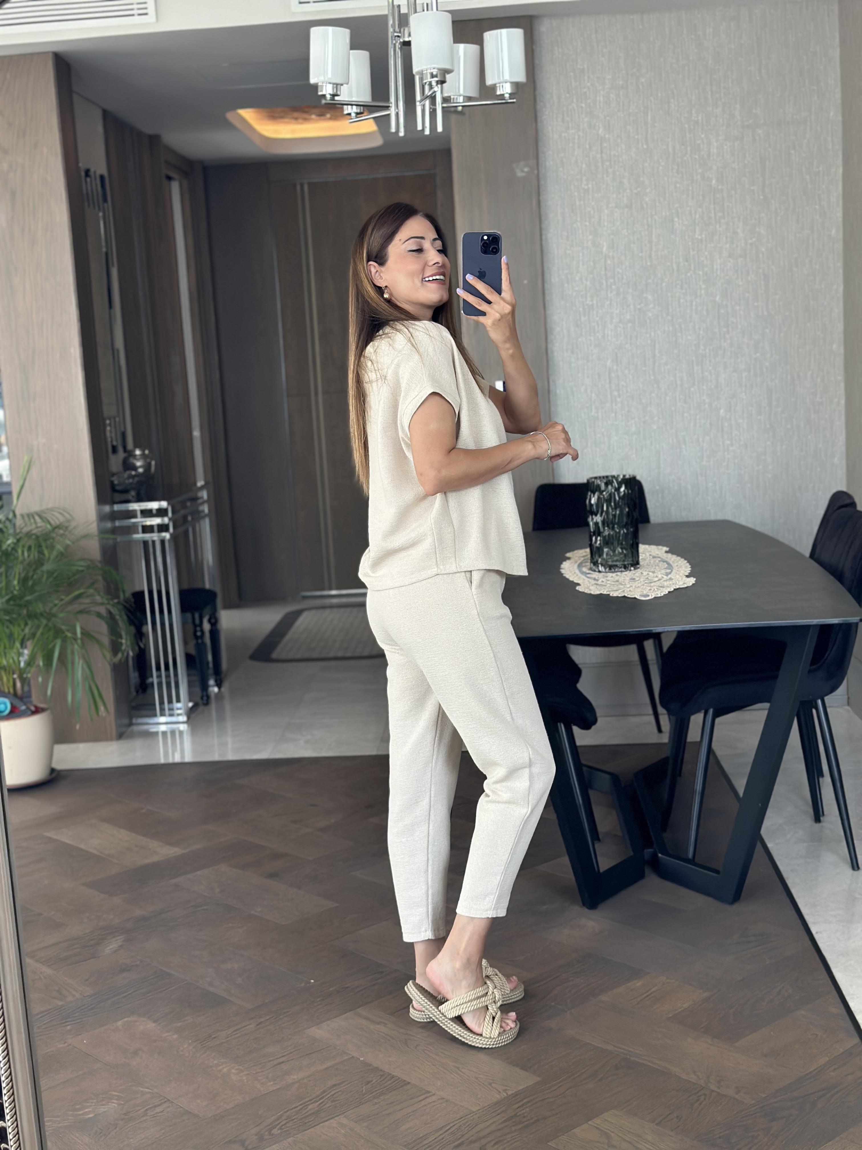 Bej Petek Kumaş Düşük Kol T-Shirt Pantolon Kadın Alt Üst Takım