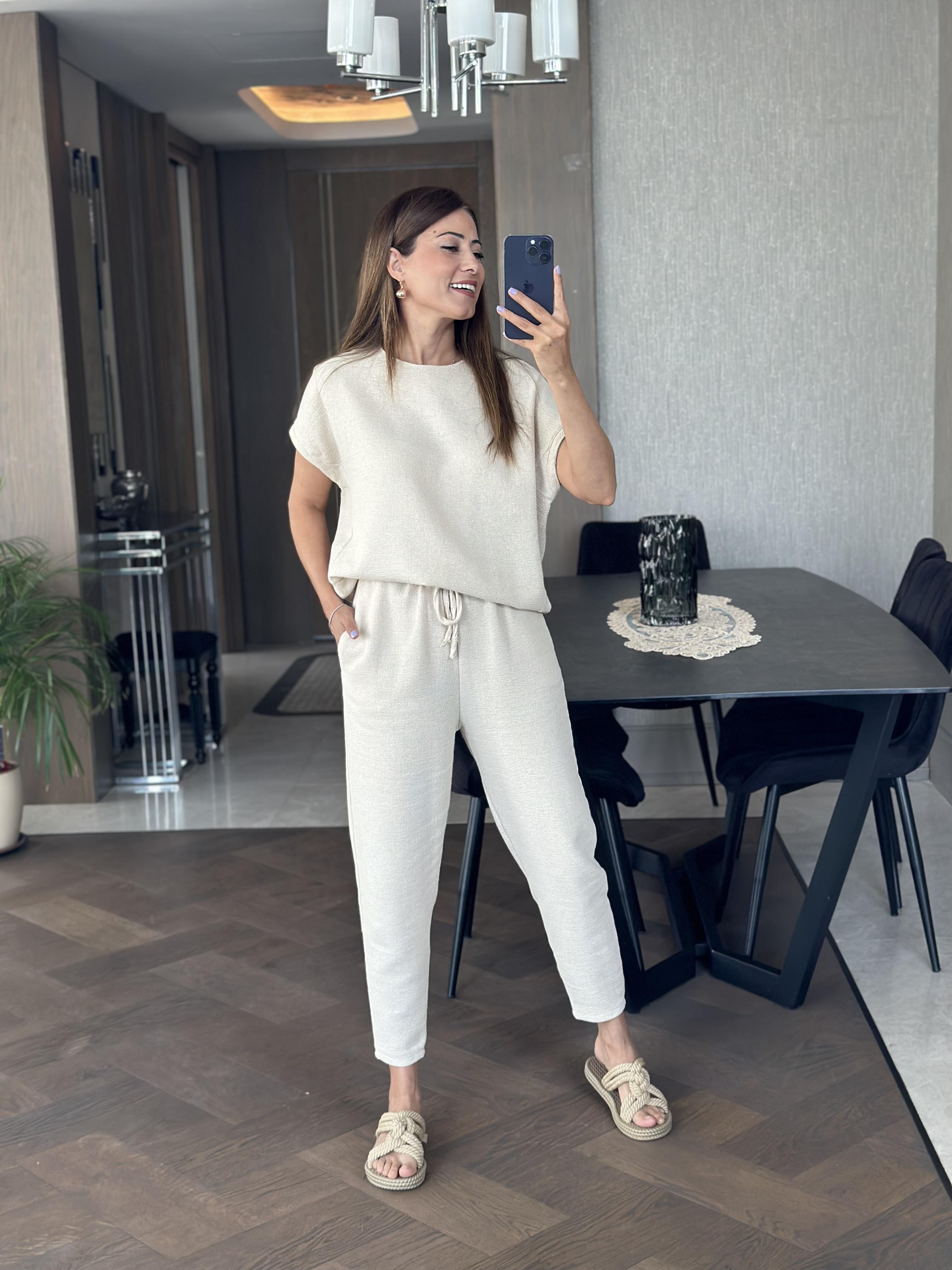Bej Petek Kumaş Düşük Kol T-Shirt Pantolon Kadın Alt Üst Takım