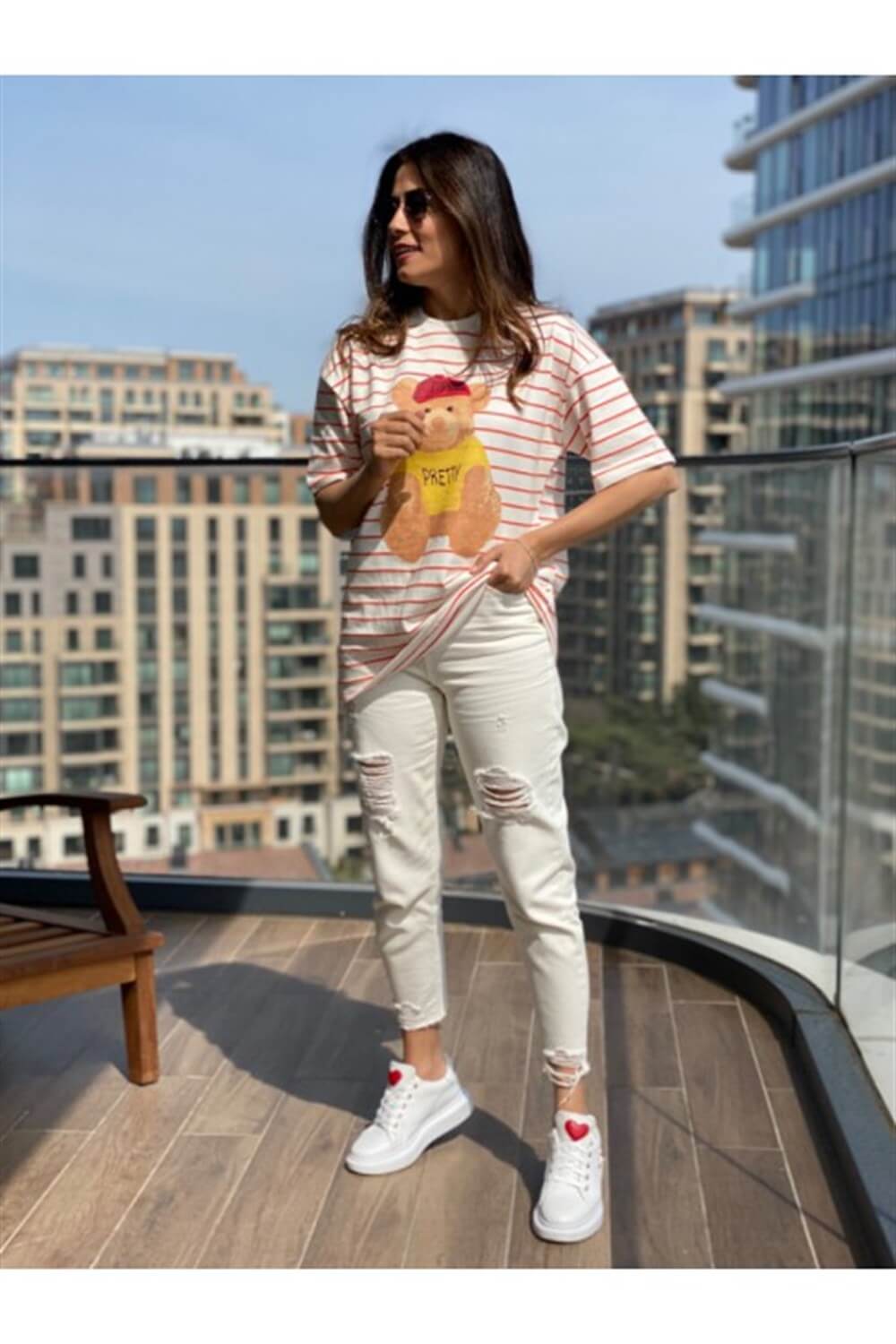 Bej Poema Yırtık Detay Mom Jean