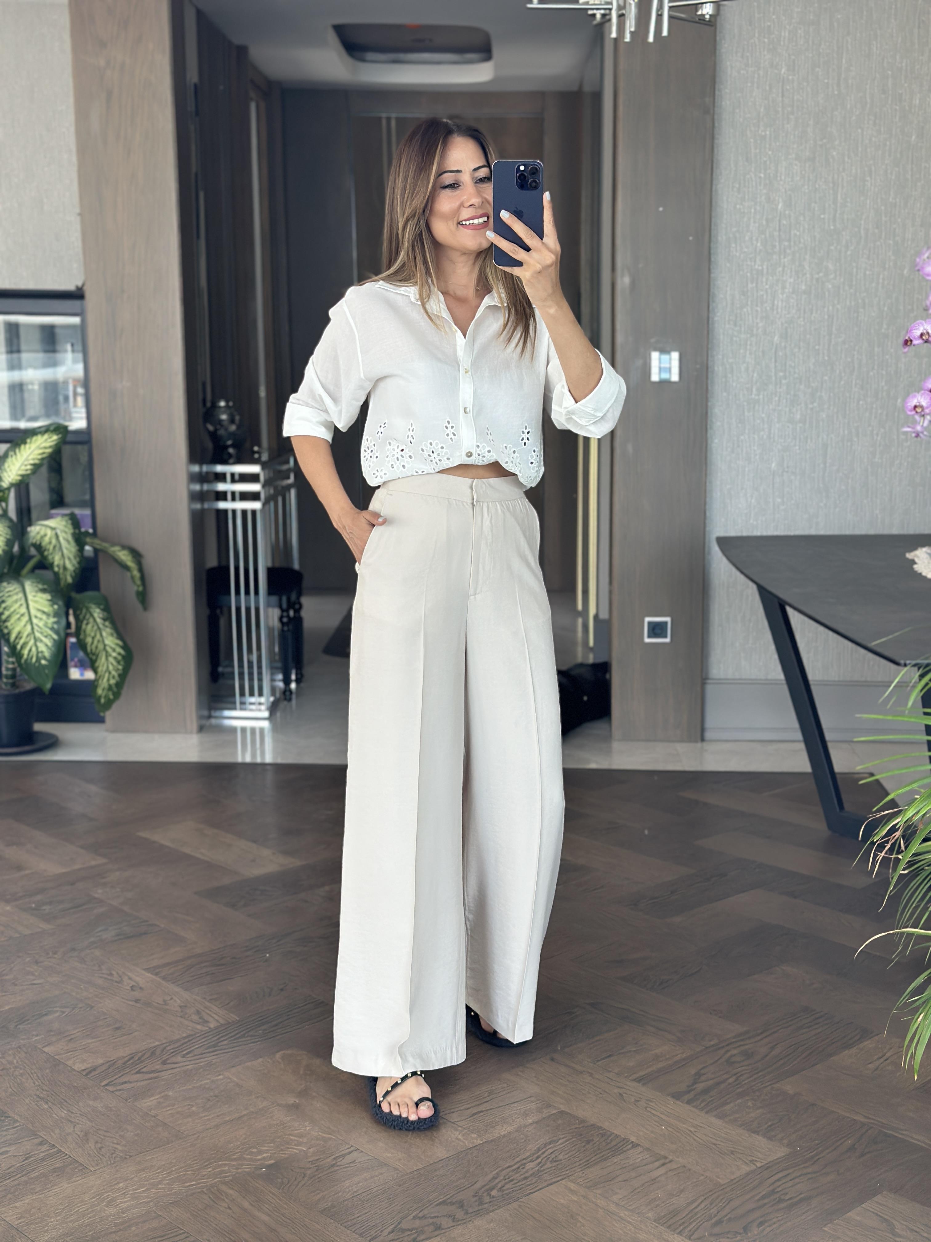 Bej Premium Çift Kancalı Kadın Palazzo Pantolon