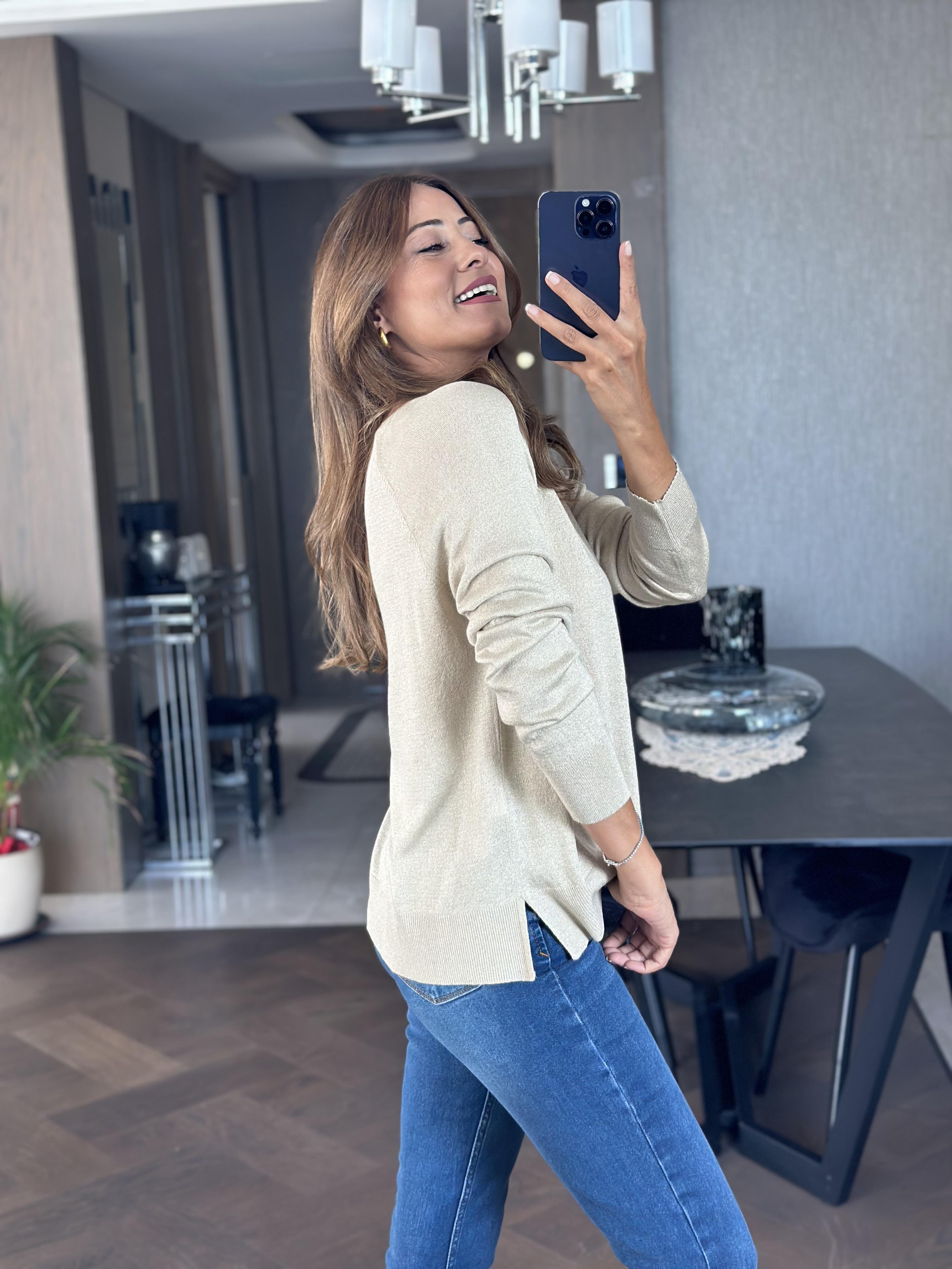 Bej Simli Bisiklet Yaka Uzun Kol Dilvn Merserize Kadın Bluz