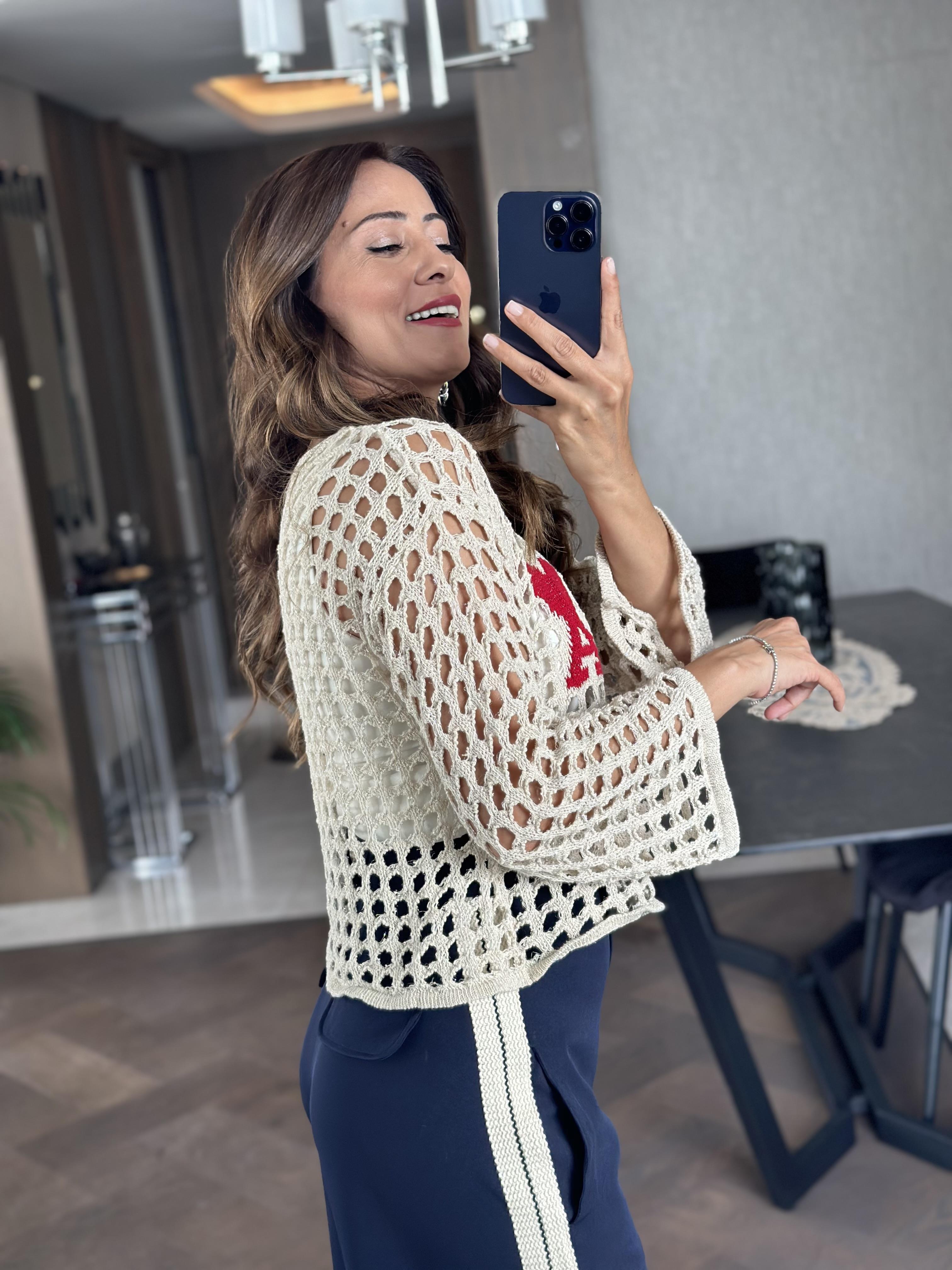 Bej Simli Kalp Detay File Triko Kadın Crop Bluz