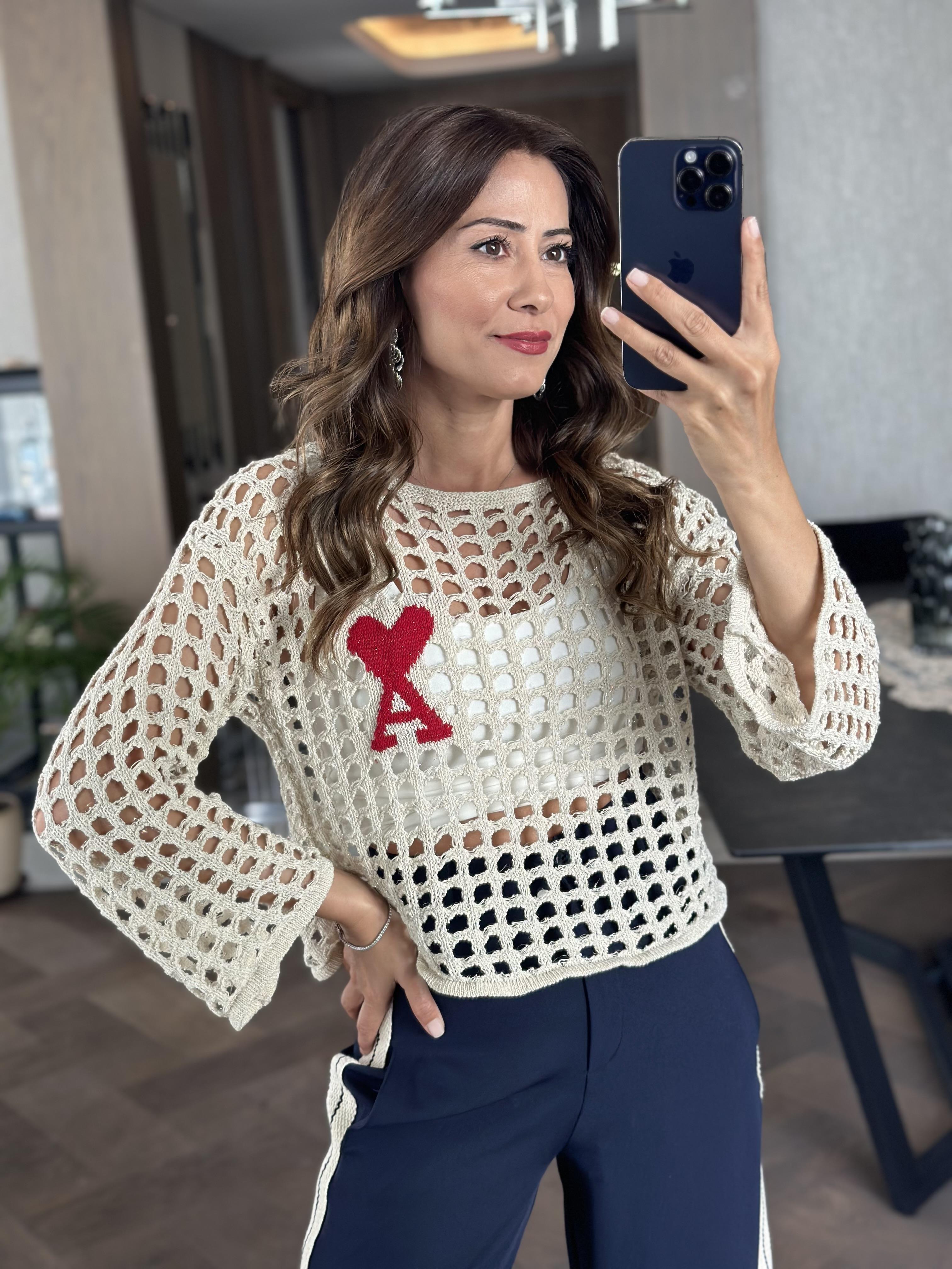 Bej Simli Kalp Detay File Triko Kadın Crop Bluz