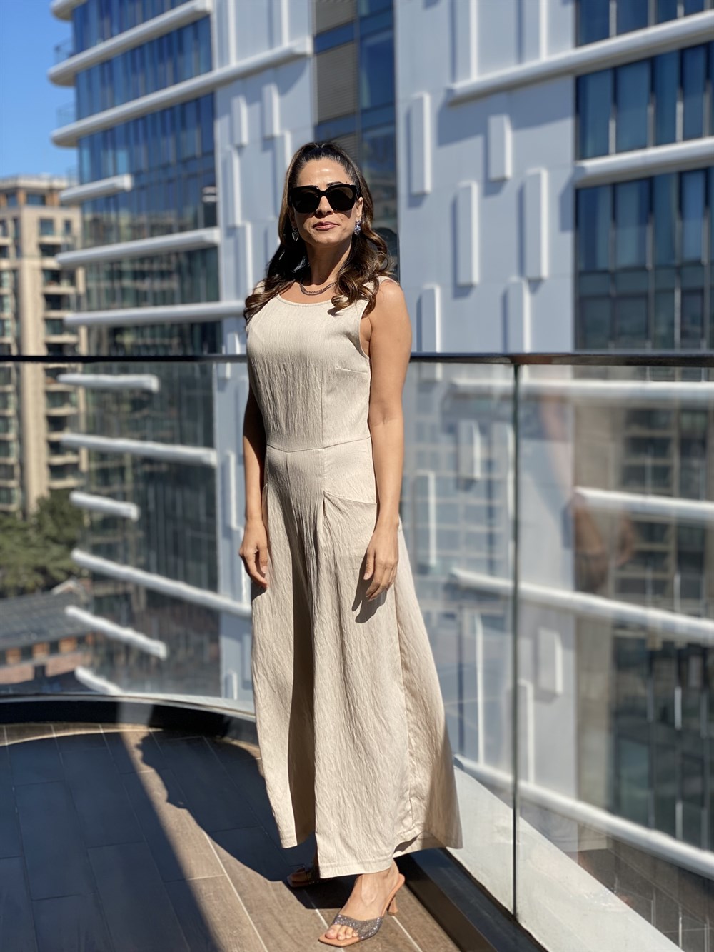 Bej Sırt Fermuarlı Dört Cepli KetenTulum