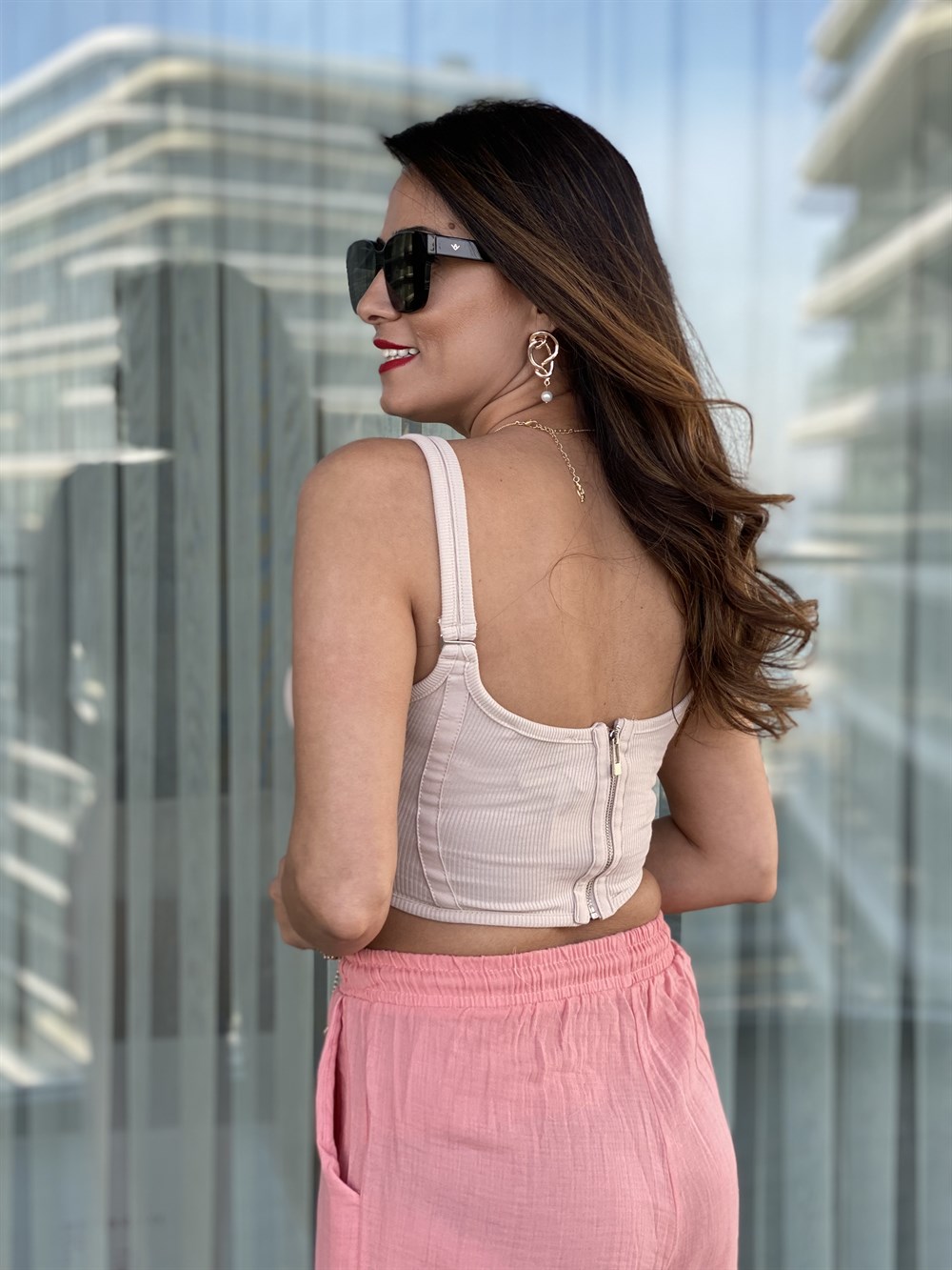 Bej Sırt Fermuarlı Korse Top