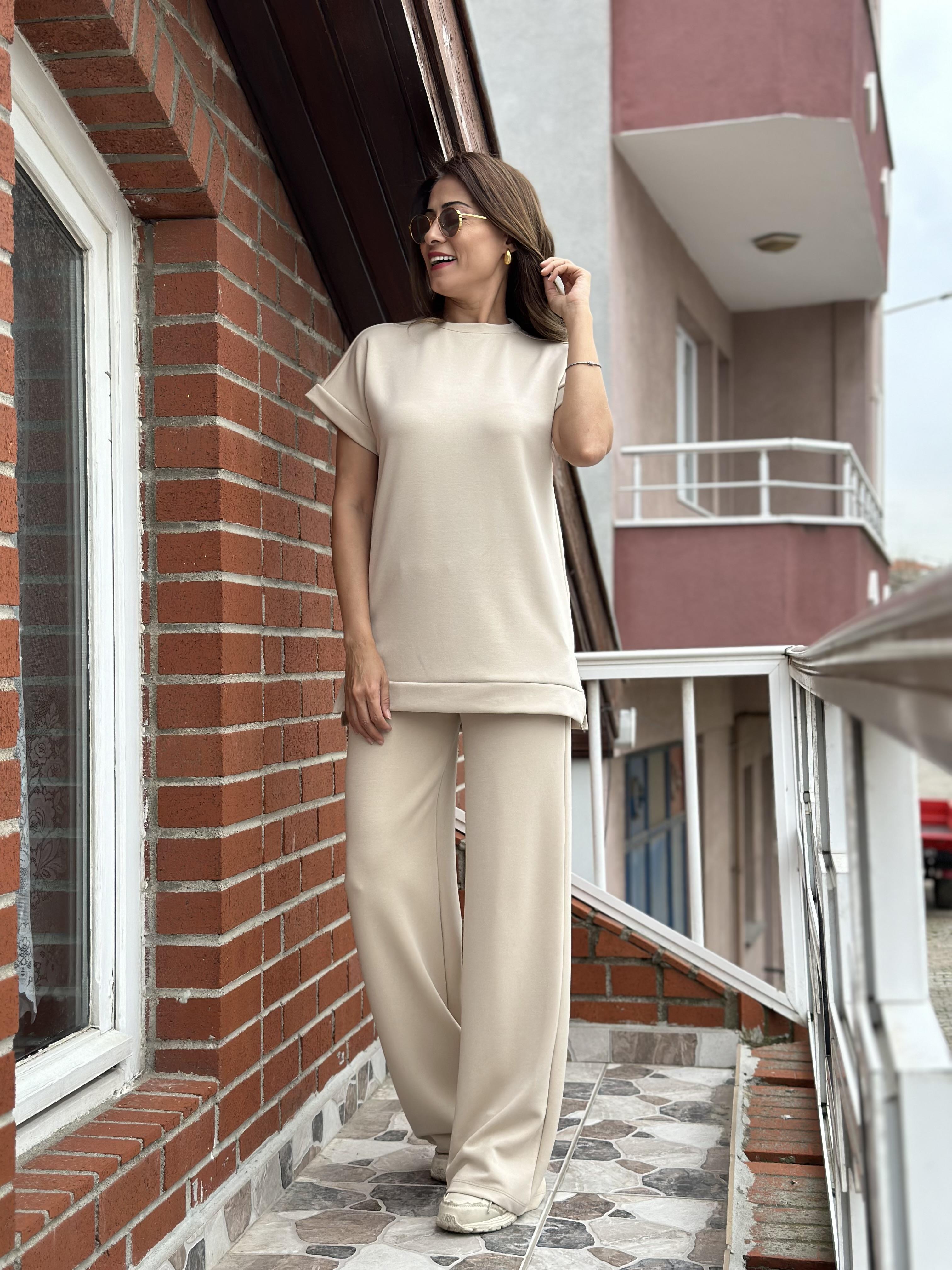 Bej T-Shirt Pantolon Modal Kadın Alt Üst Takım