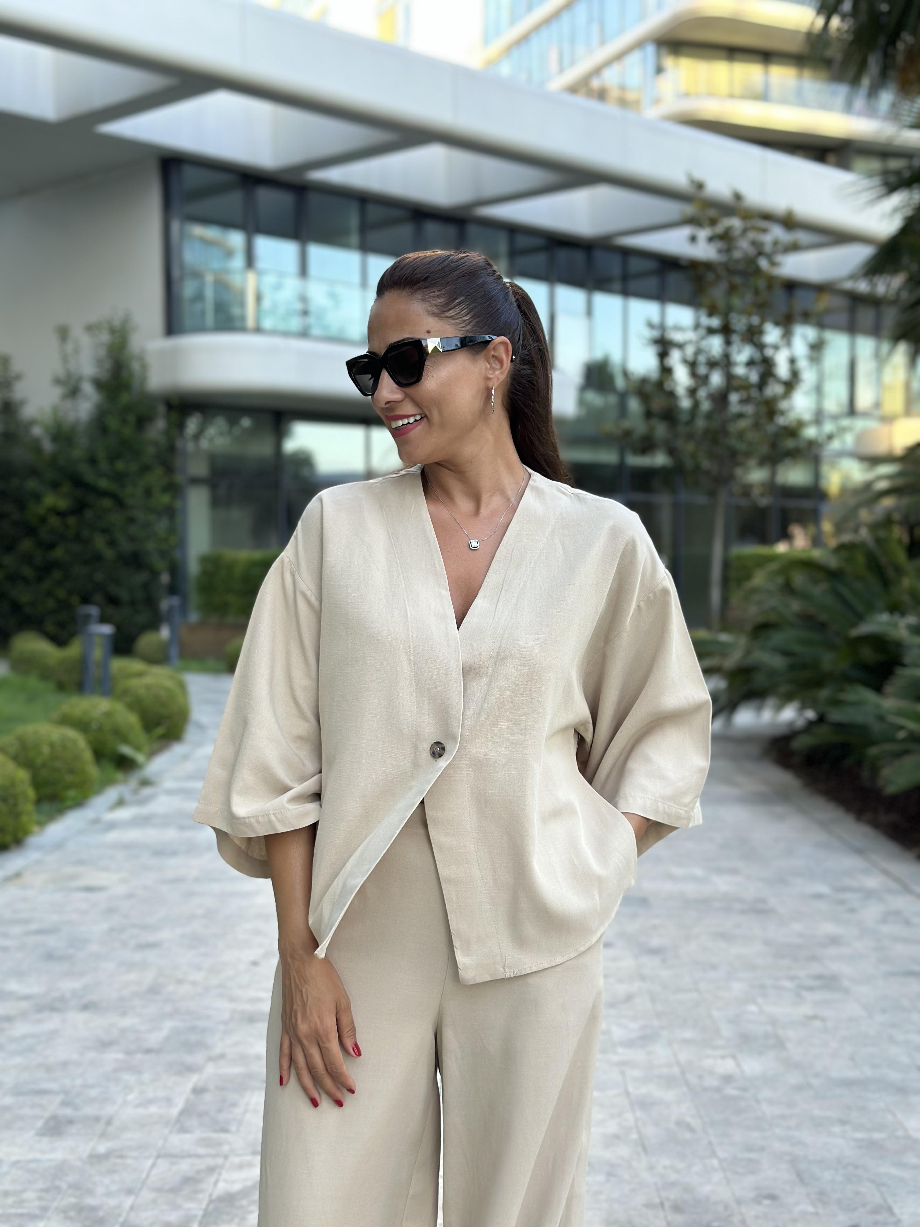 Bej Tek Düğmeli Kimono Pantolon Keten Kadın Alt Üst Takım