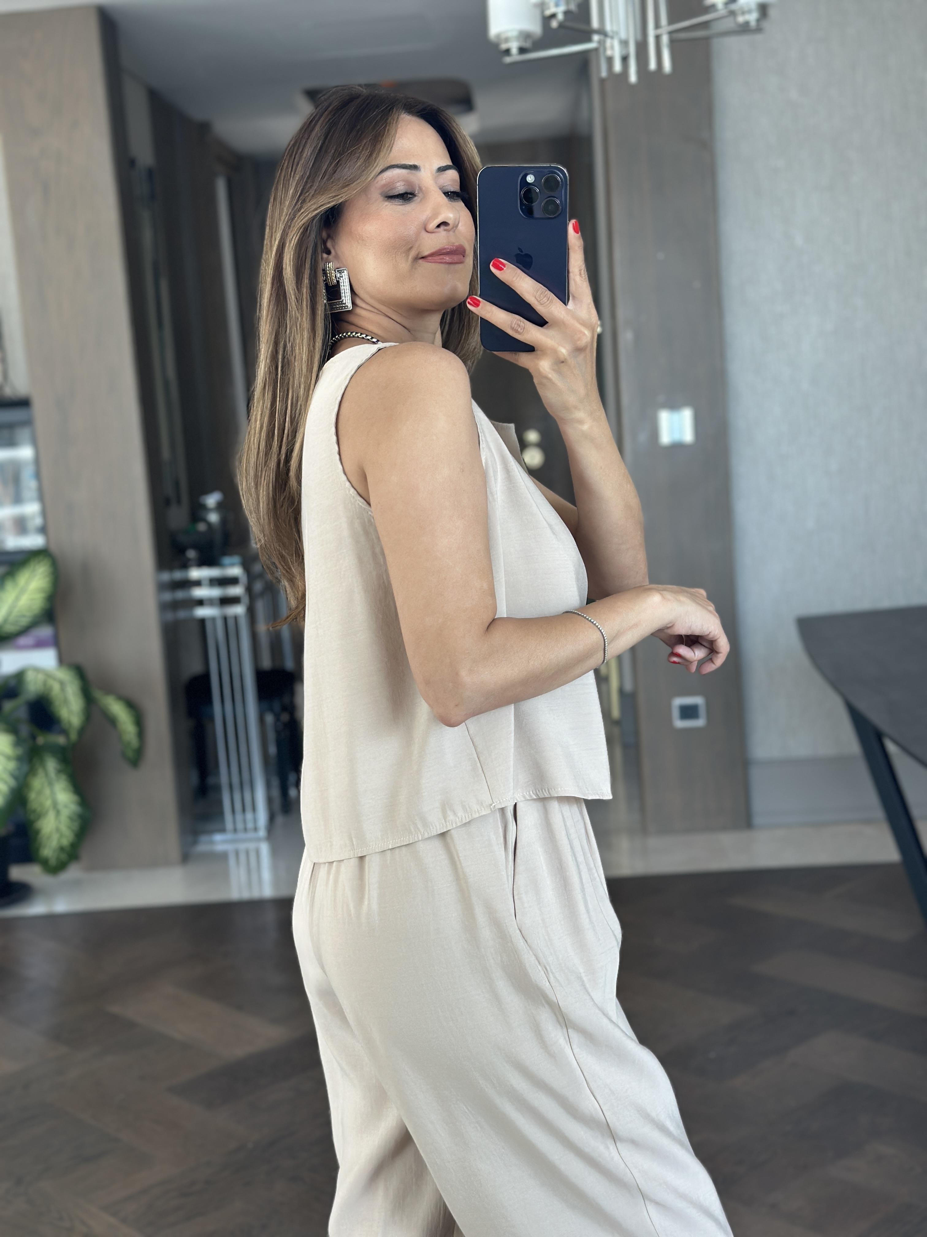 Bej Bisiklet Yaka Sıfır Kol Bluz Pantolon Tensel Alt Üst Takım