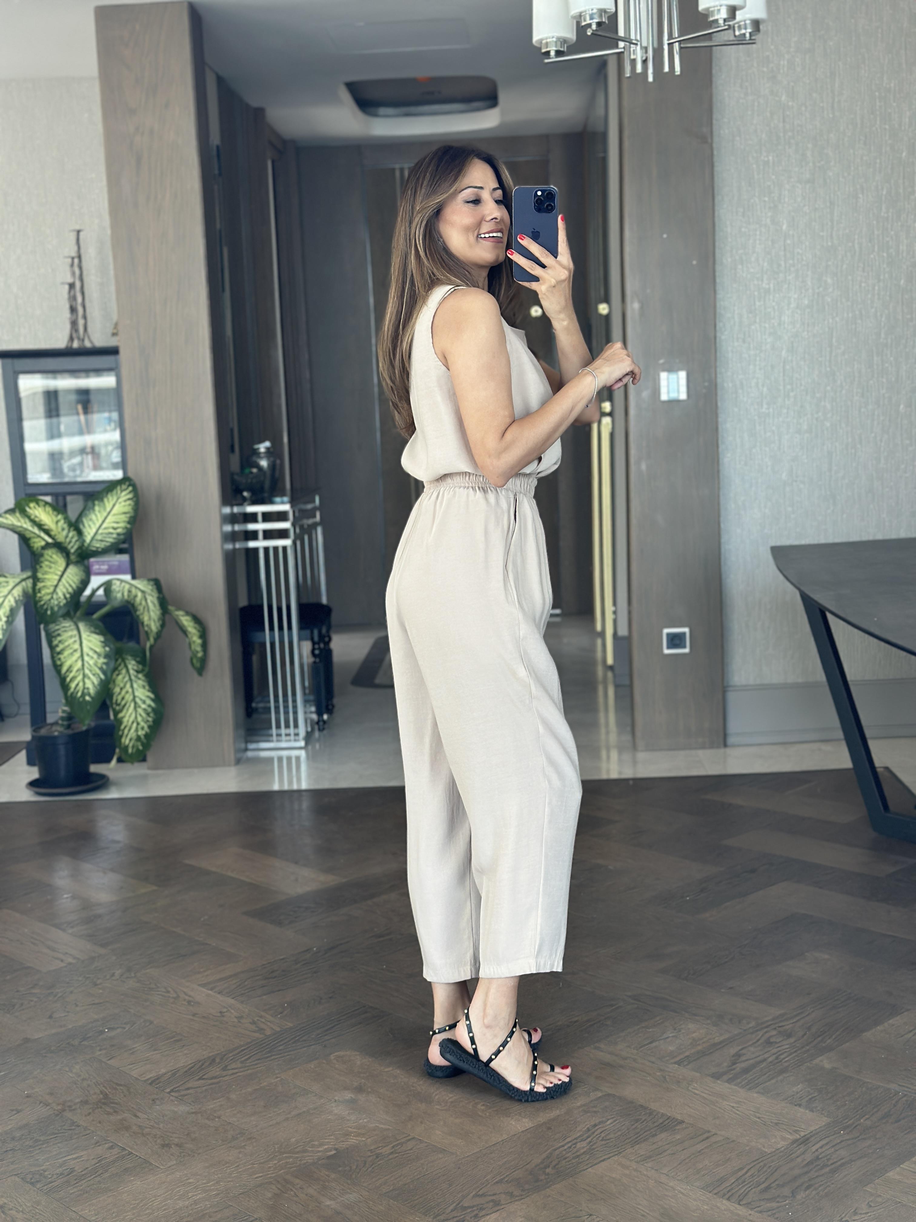 Bej Bisiklet Yaka Sıfır Kol Bluz Pantolon Tensel Alt Üst Takım