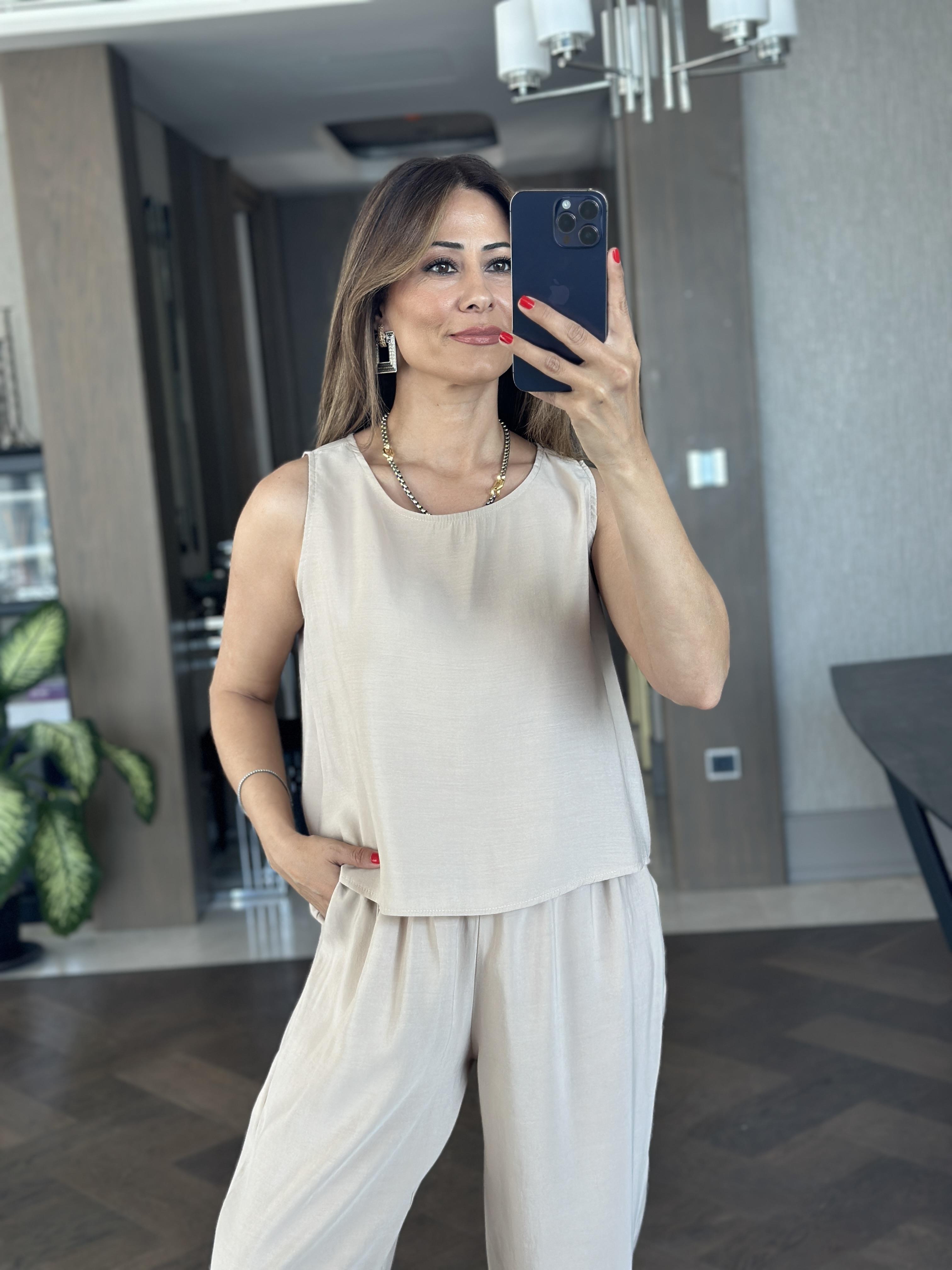 Bej Bisiklet Yaka Sıfır Kol Bluz Pantolon Tensel Alt Üst Takım