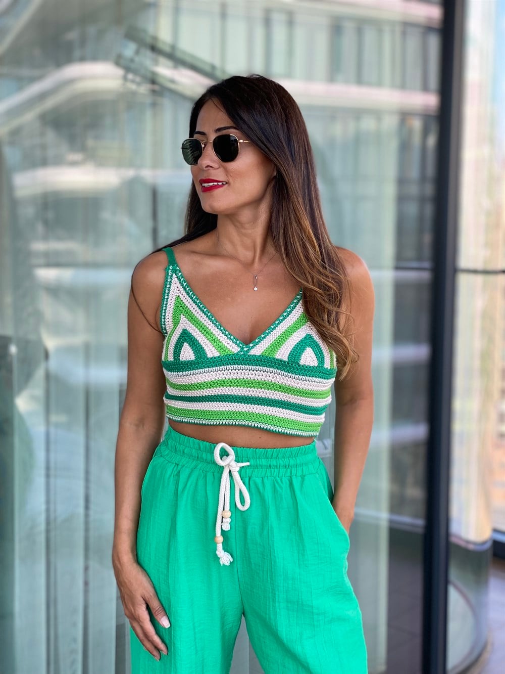 Bej Yeşil Çizgili Triko Kadın Büstiyer