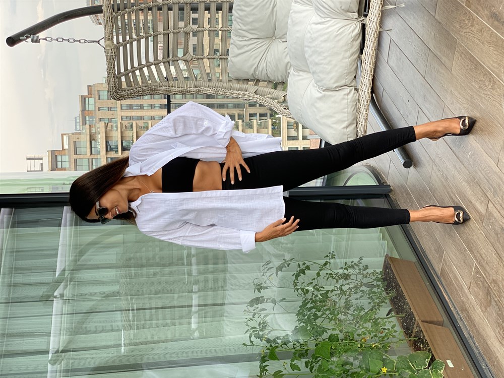 Beyaz Arka Roba Örme Flam Keten Kadın Gömlek