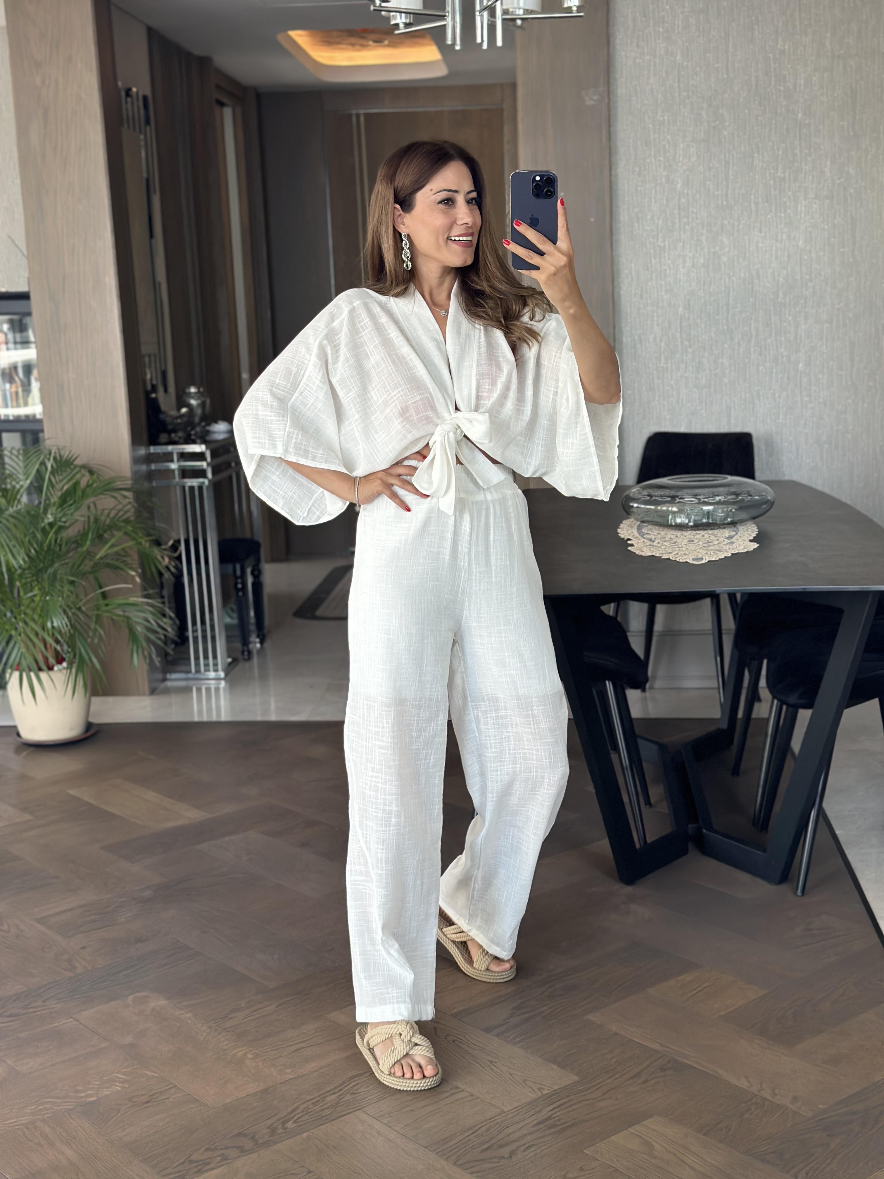 Beyaz Belden Bağlamalı Bluz Pantolon Keten Kadın İkili Takım