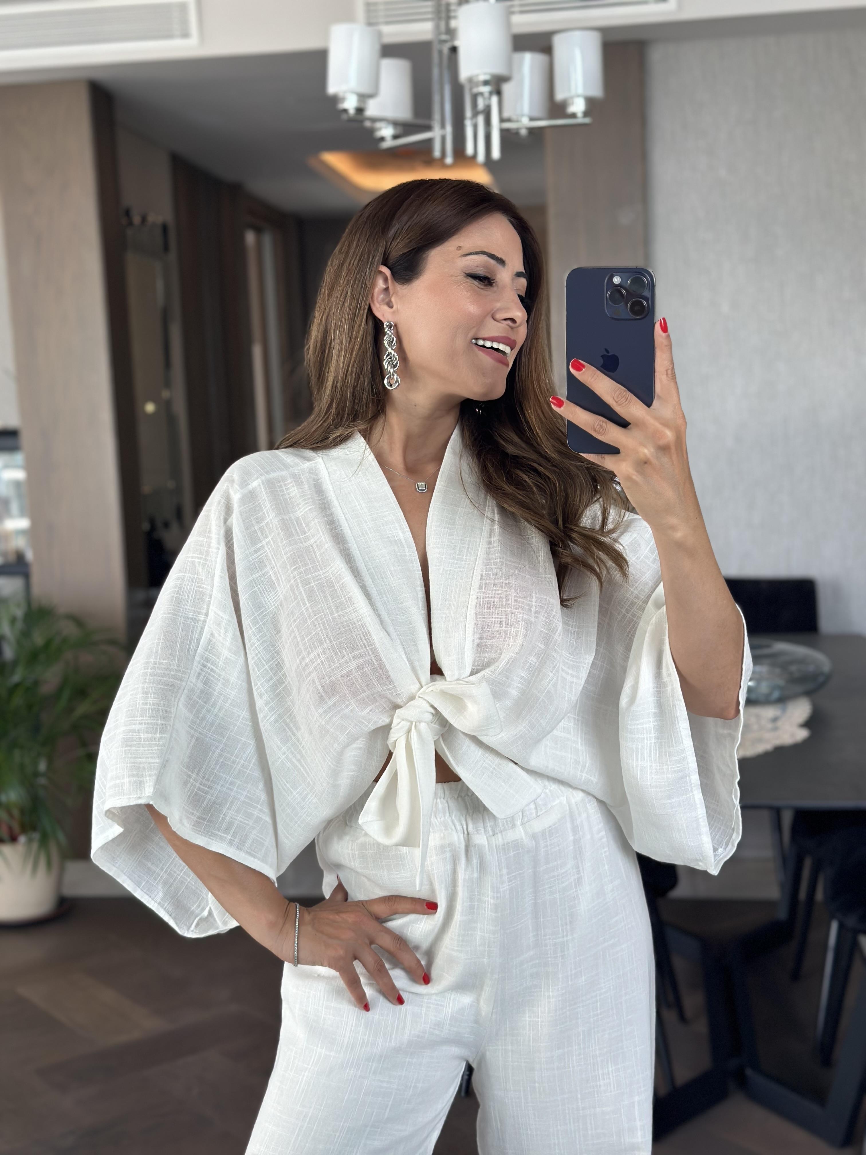 Beyaz Belden Bağlamalı Bluz Pantolon Keten Kadın İkili Takım