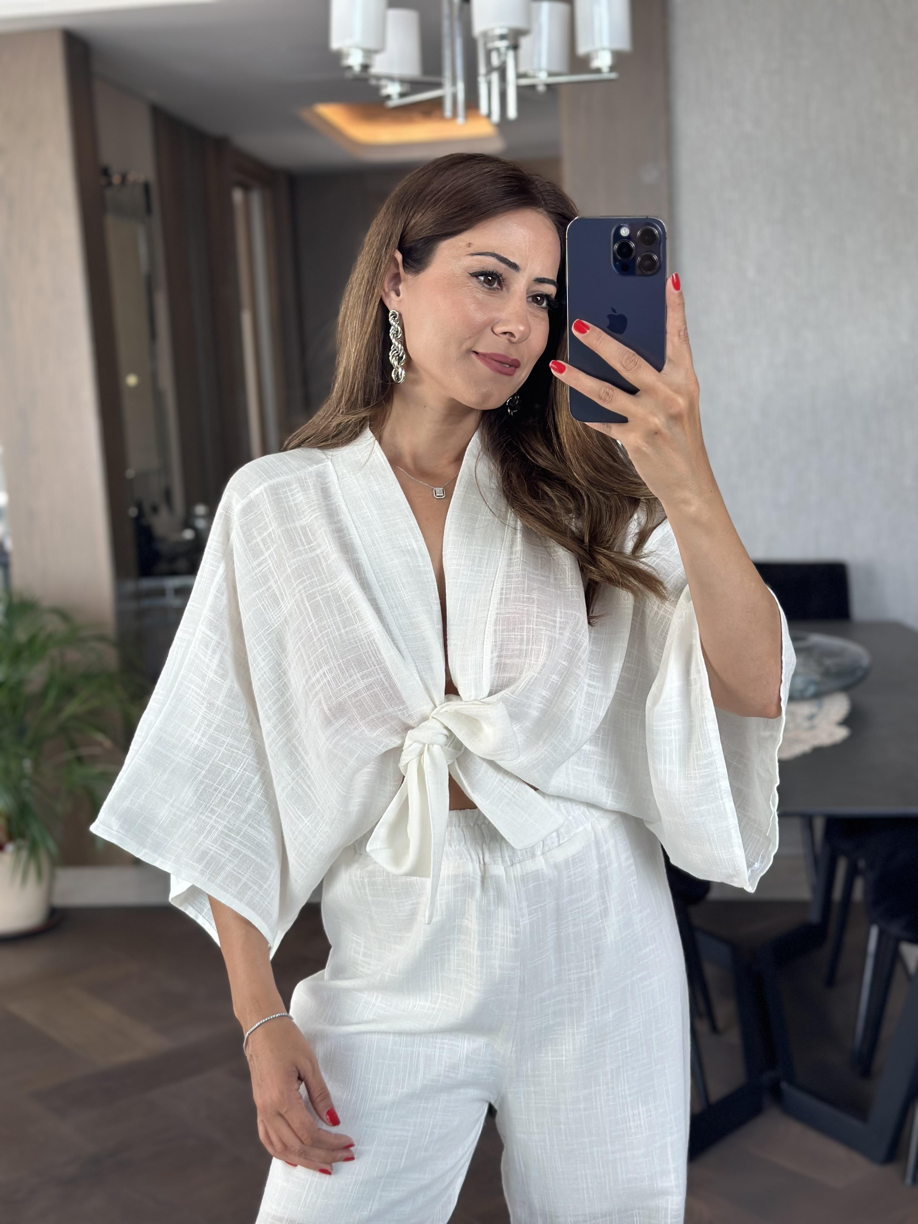Beyaz Belden Bağlamalı Bluz Pantolon Keten Kadın İkili Takım