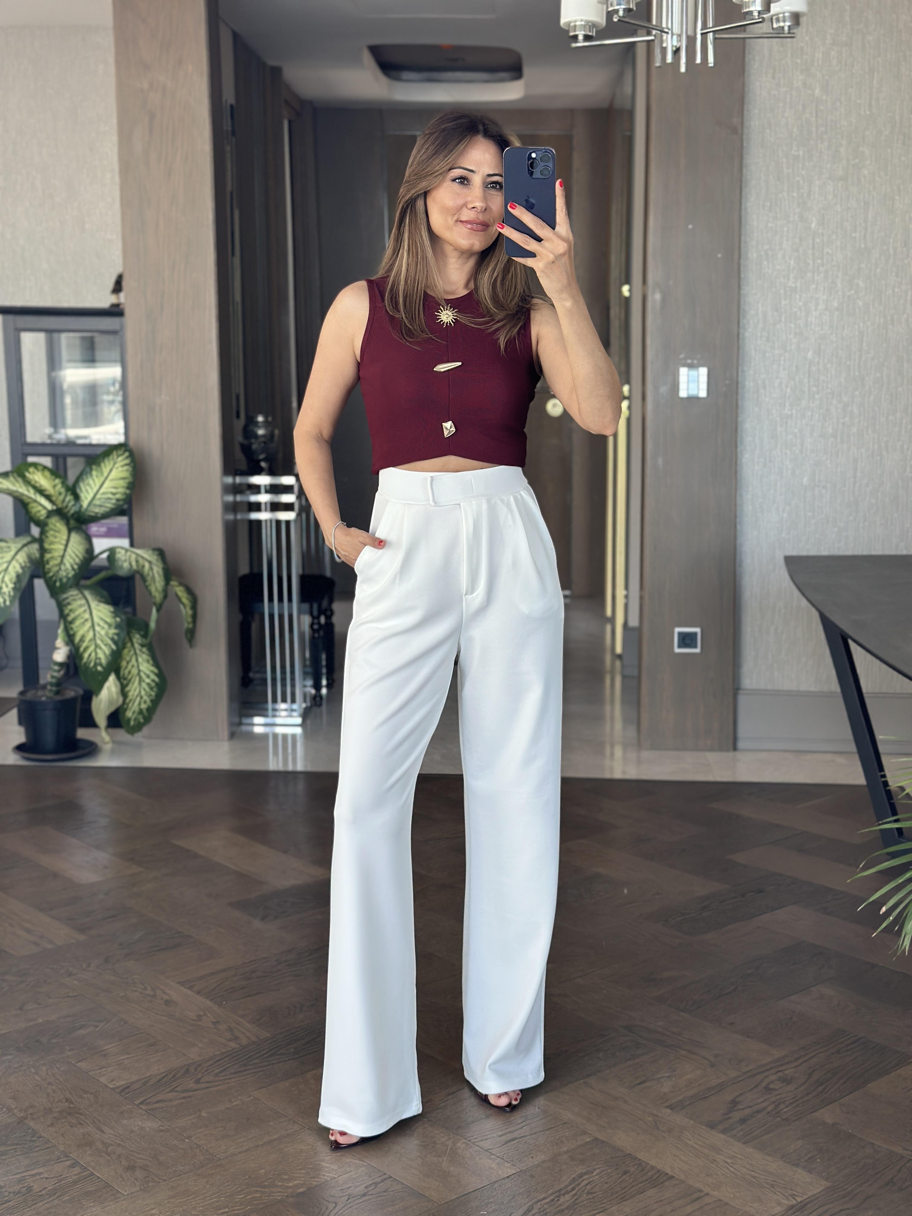 Beyaz Beli Cırtlı Likralı Krep Palazzo Kadın Pantolon