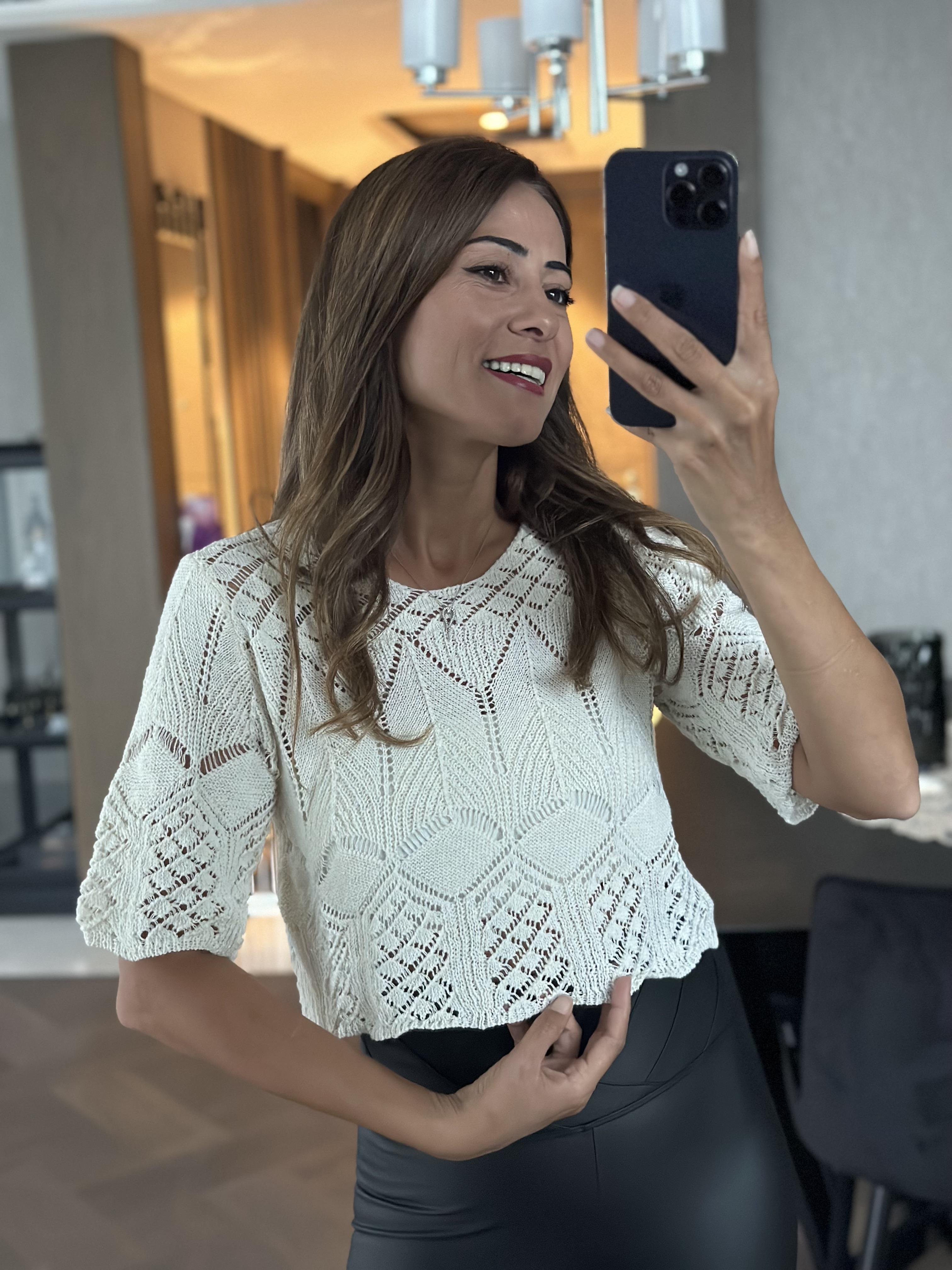 Beyaz Bisiklet Yaka Kısa Kol Triko Ajurlu Kadın Crop Bluz